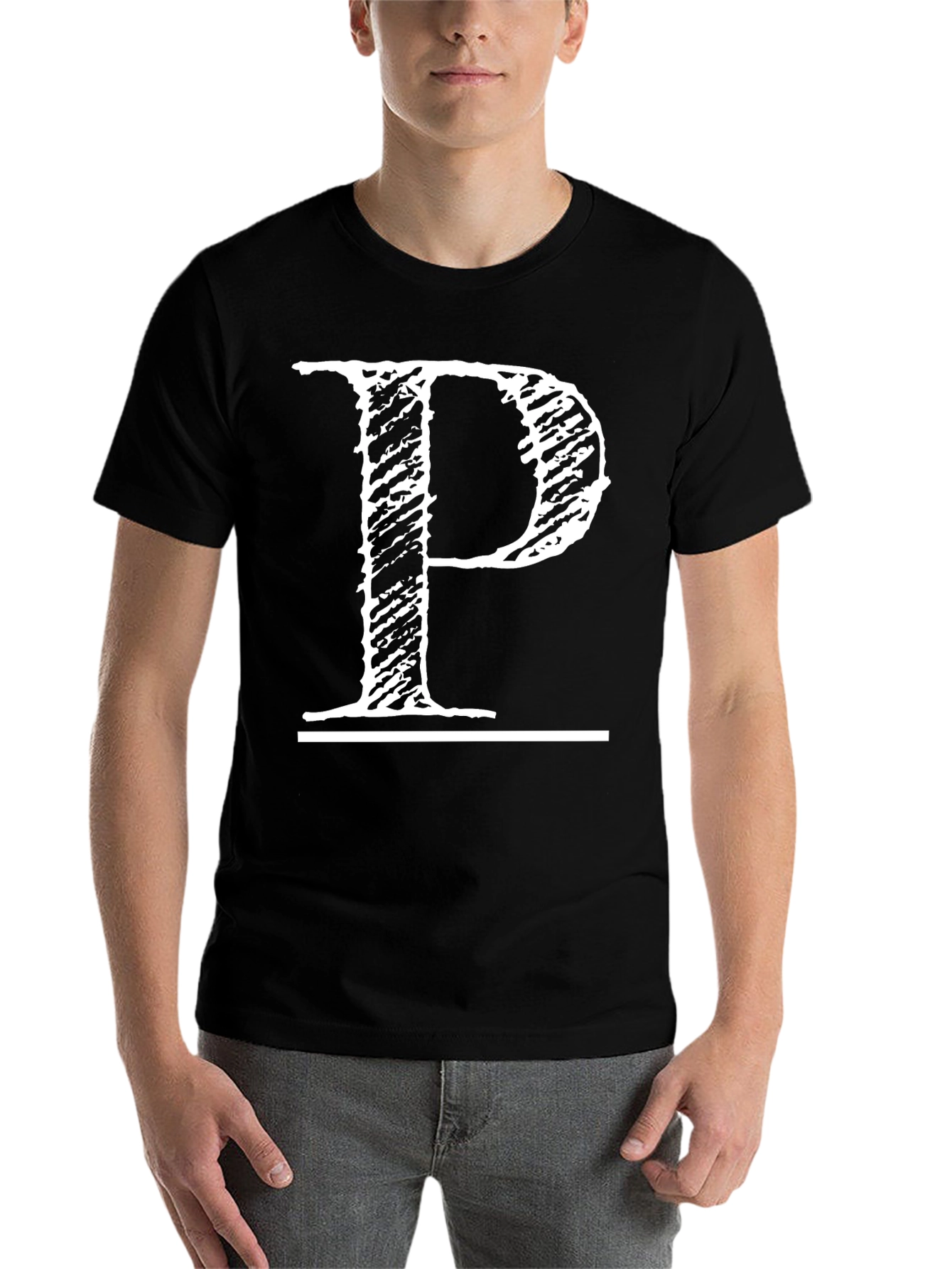 Black Black T-Shirt with Distressed White Letter "P" Design view 7