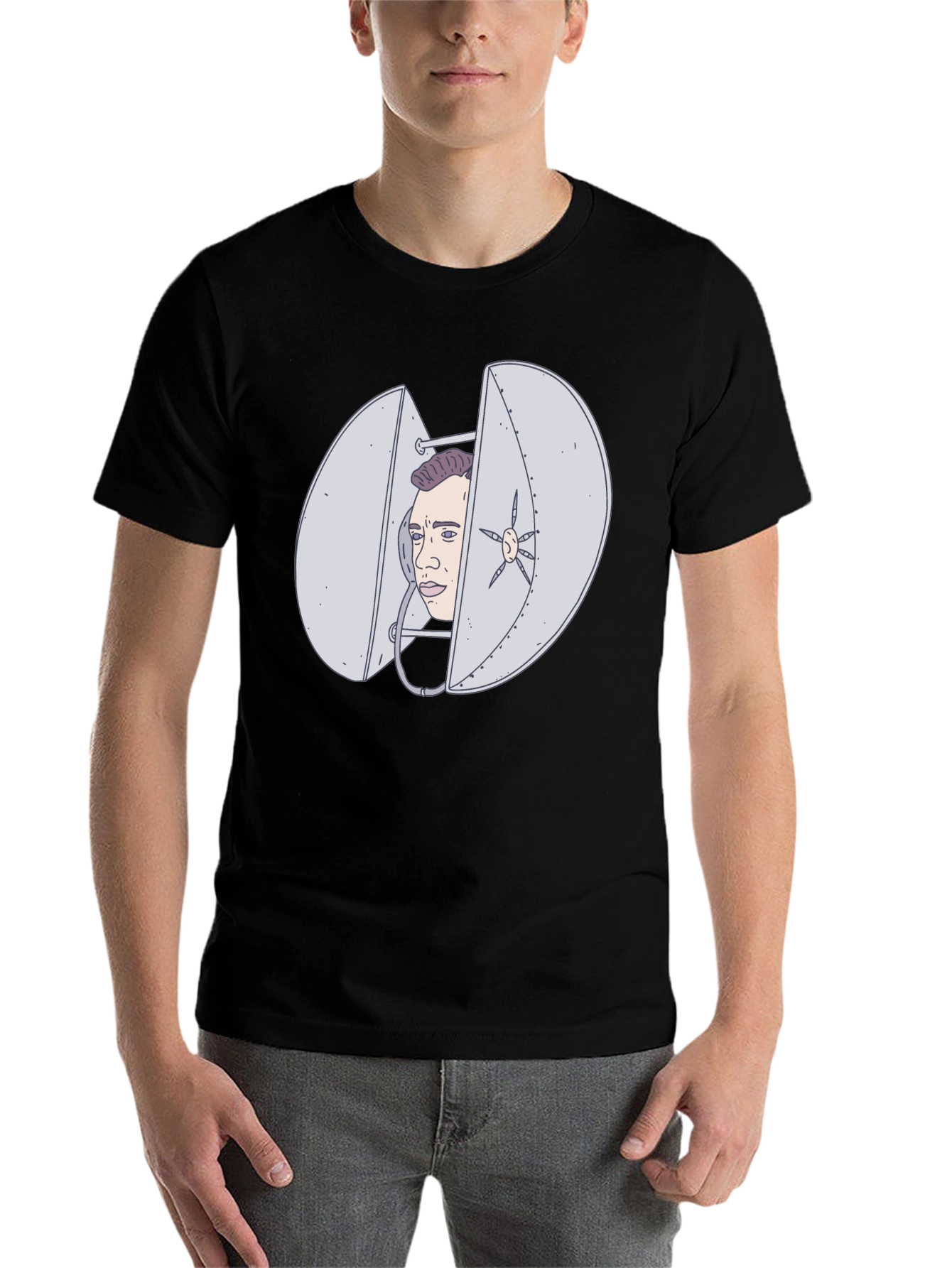 Black Humorous Black T-Shirt with Illustrated Egg Head Design view 7