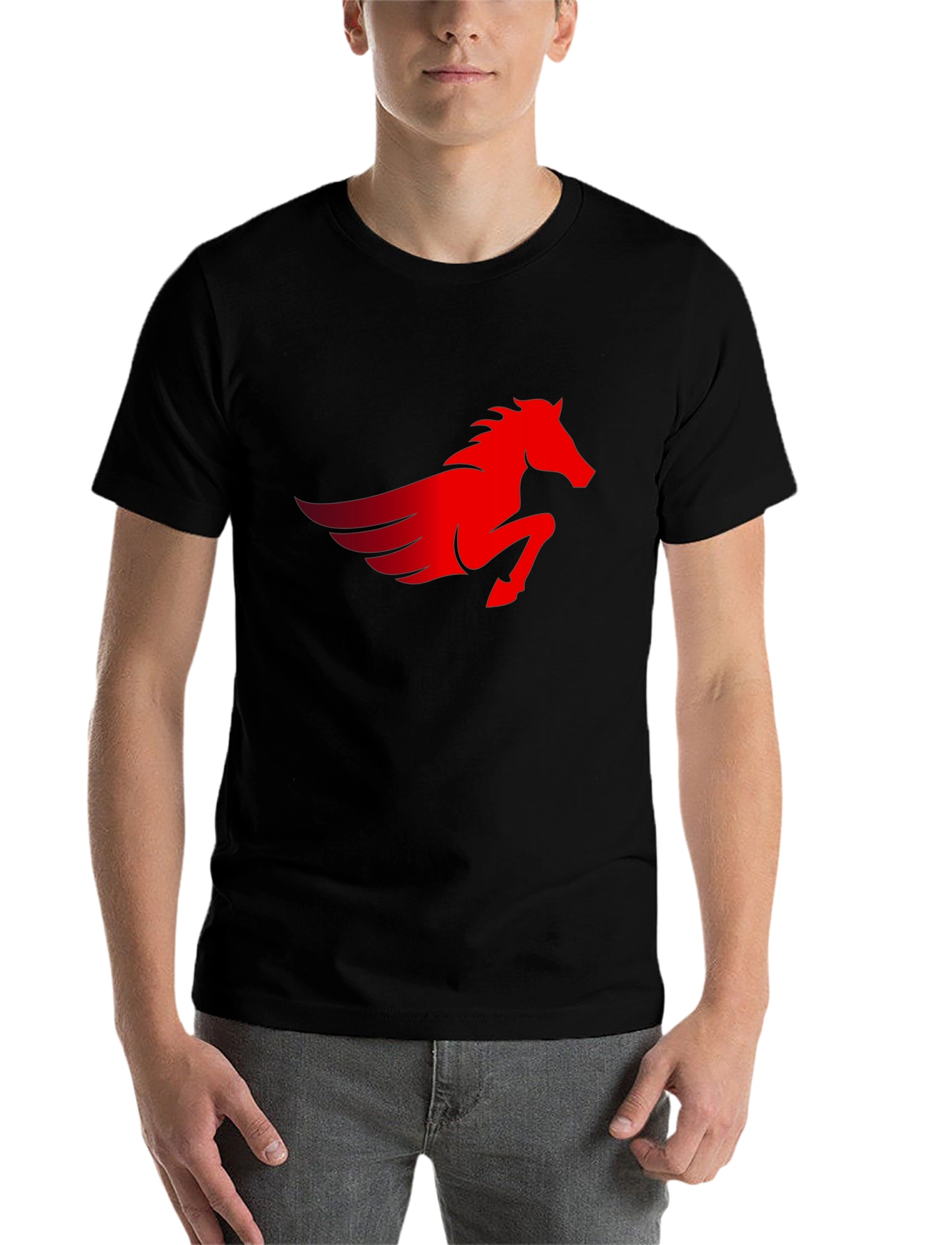 Black Men's Black T-Shirt with Red Pegasus Graphic view 7