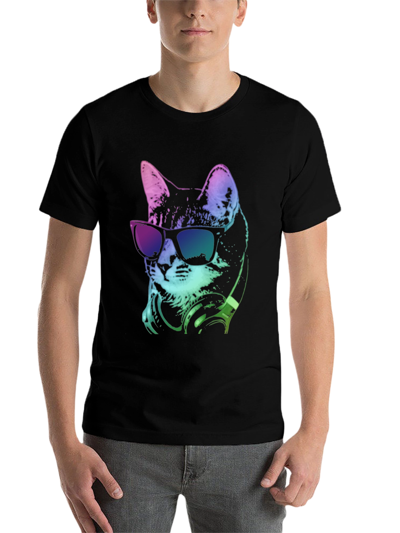 Black Cool Cat Tee: Stylish Graphic Print T-Shirt view 7