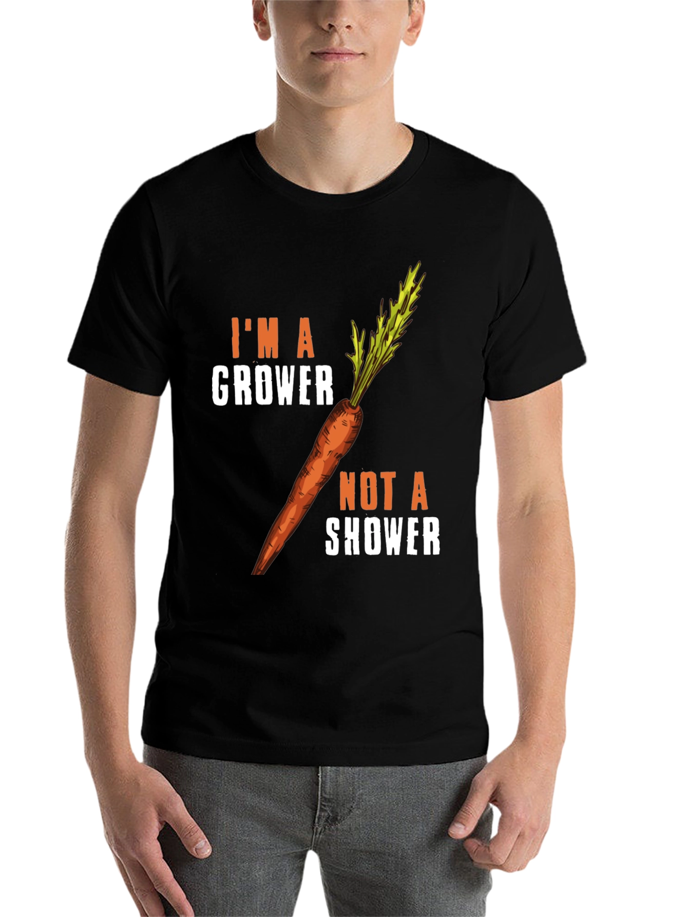 Black I'm a Grower Not a Shower Carrot Humor T-Shirt view 7