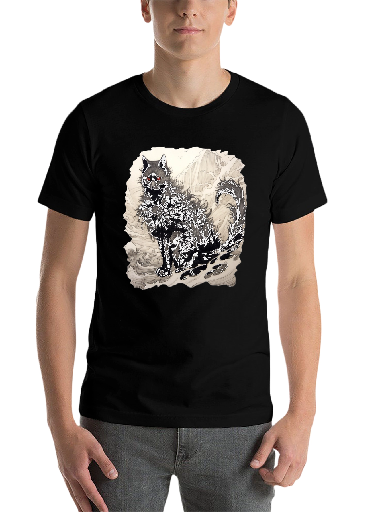 Black Black T-Shirt with Wolf Graphic view 7