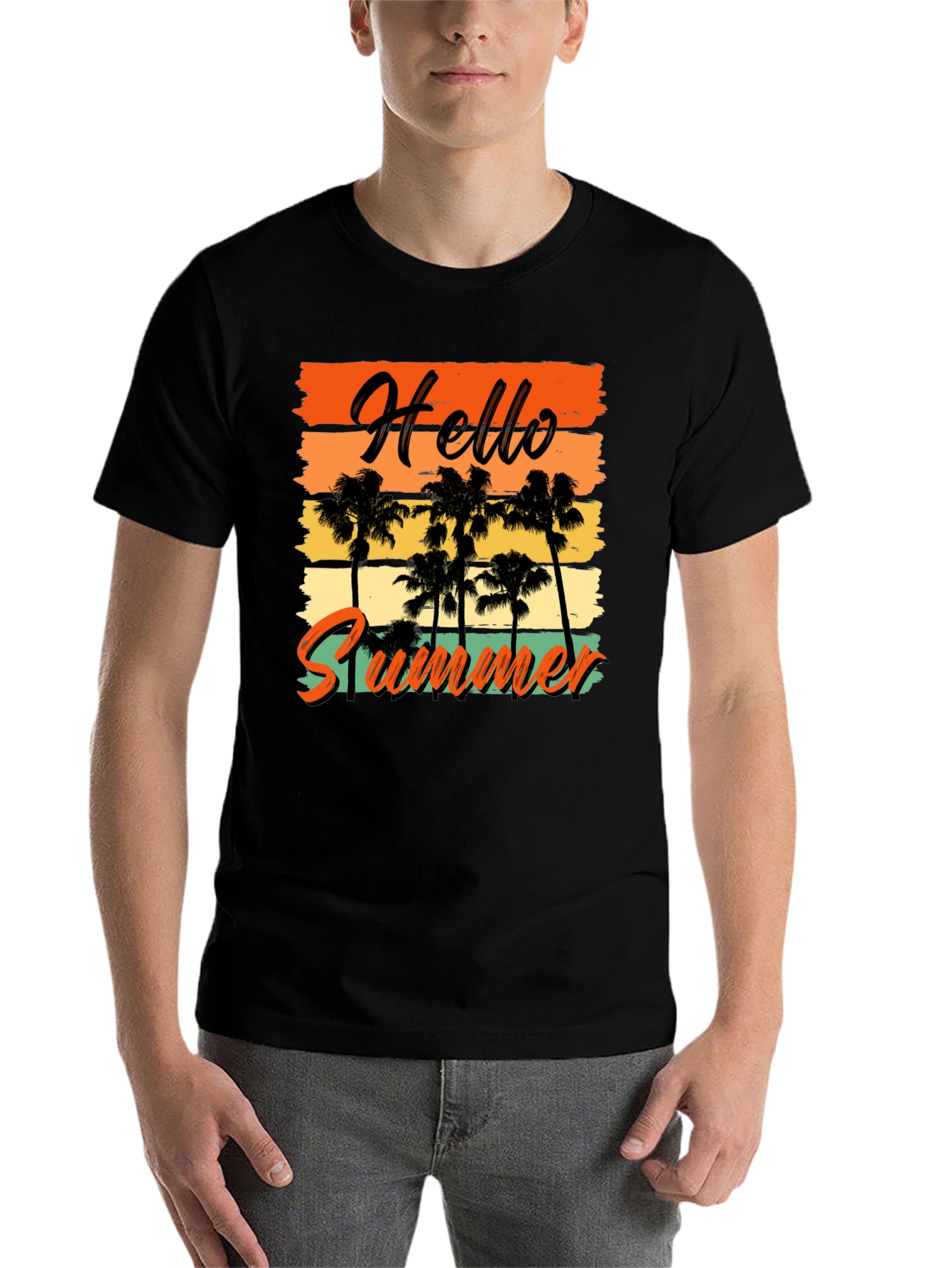 Black Hello Summer Graphic Tee - Black T-Shirt with Palm Trees view 7
