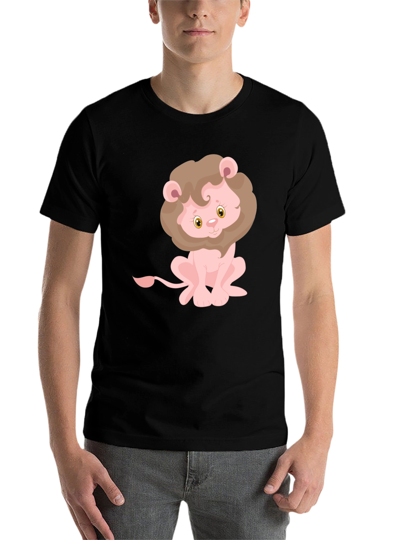 Black Cute Lion Graphic Tee - Black Cotton T-Shirt view 7