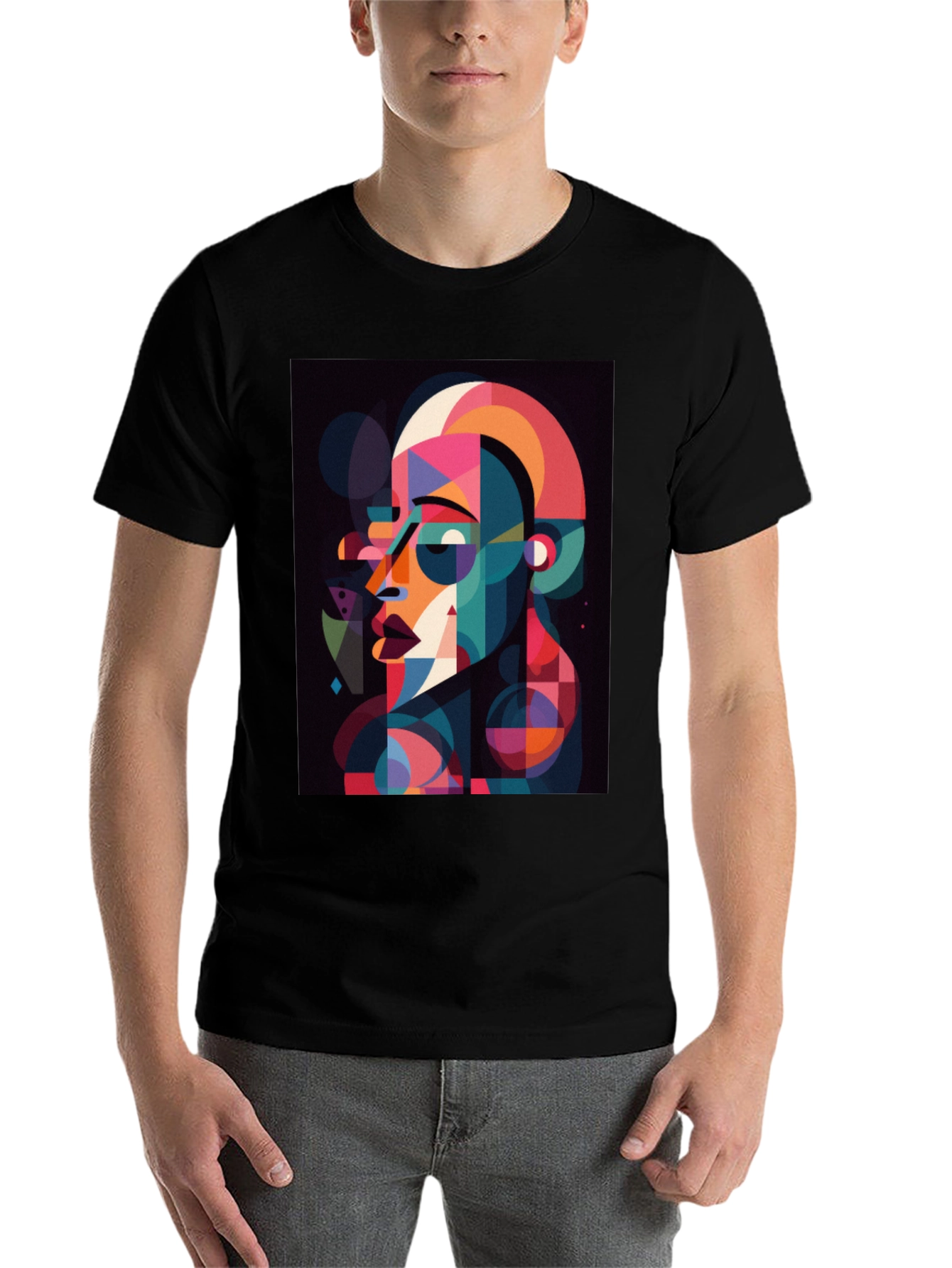 Black Abstract Geometric Face Graphic Black T-Shirt view 7