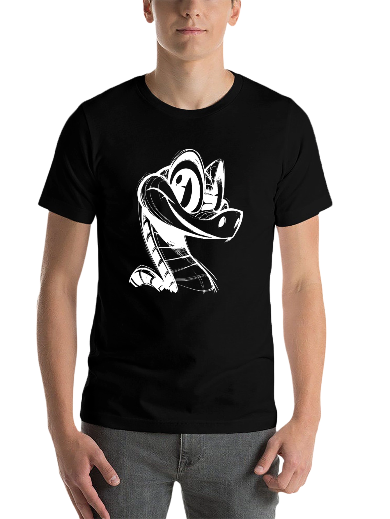 Black Cartoon Snake Graphic Tee - Black Cotton T-Shirt view 7