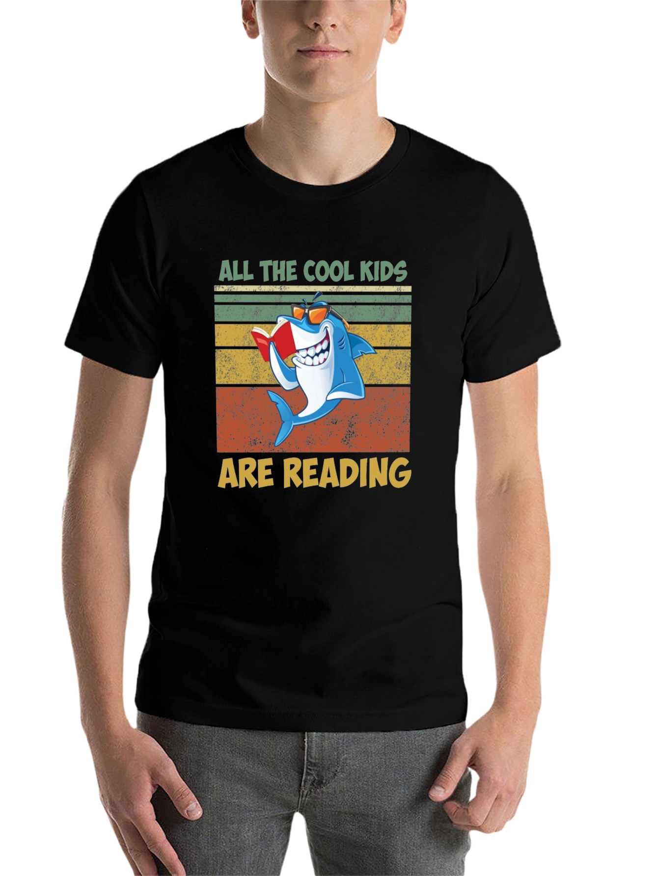 Black Cool Kids Reading Shark Graphic T-Shirt view 7