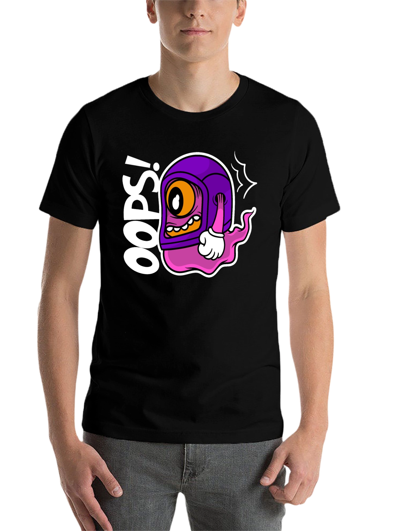 Black Oops! Cartoon Character Black T-Shirt view 7