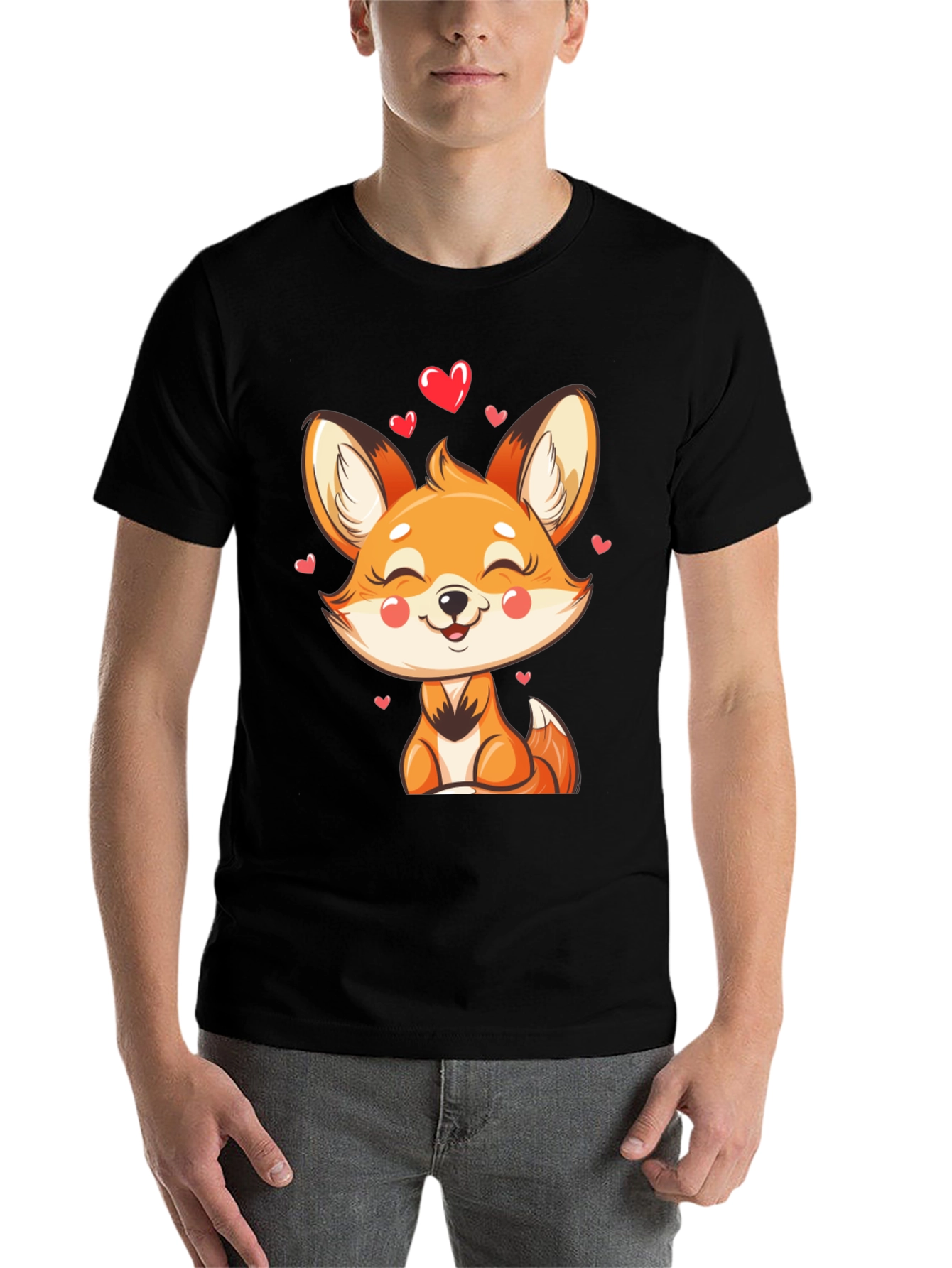 Black Cute Fox Heart Graphic Black T-Shirt view 7