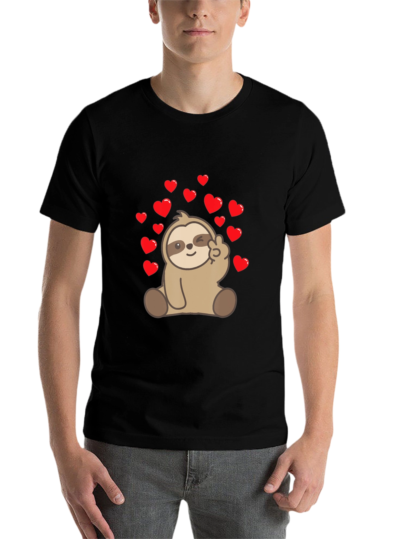 Black Sloth Peace Sign Heart T-Shirt view 7