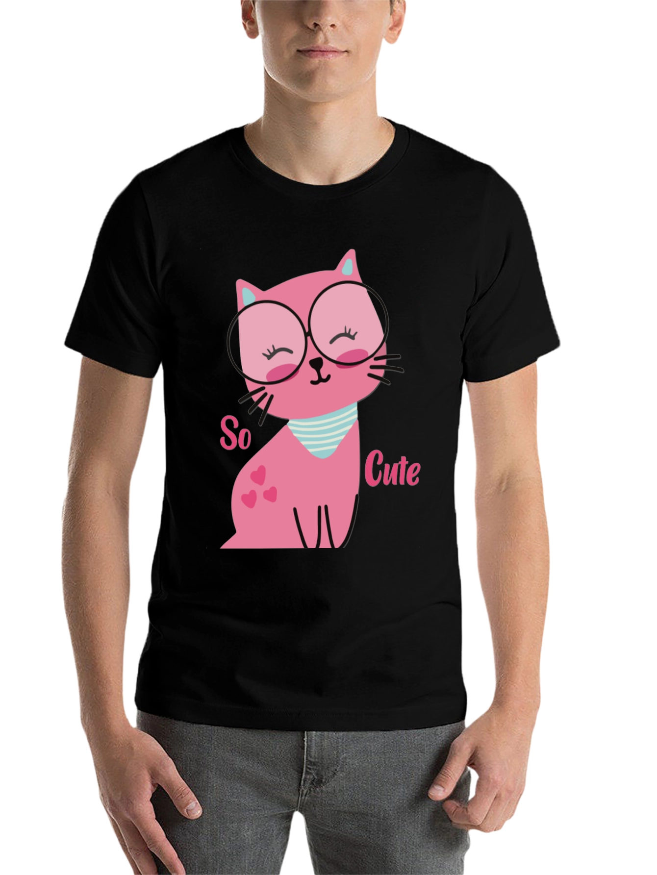 Black Cute Pink Cat T-Shirt view 7