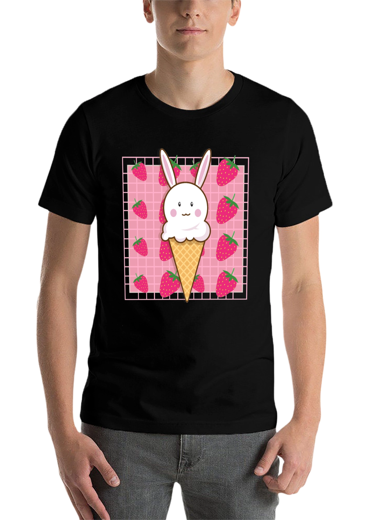 Black Kawaii Strawberry Bunny Ice Cream T-Shirt view 7