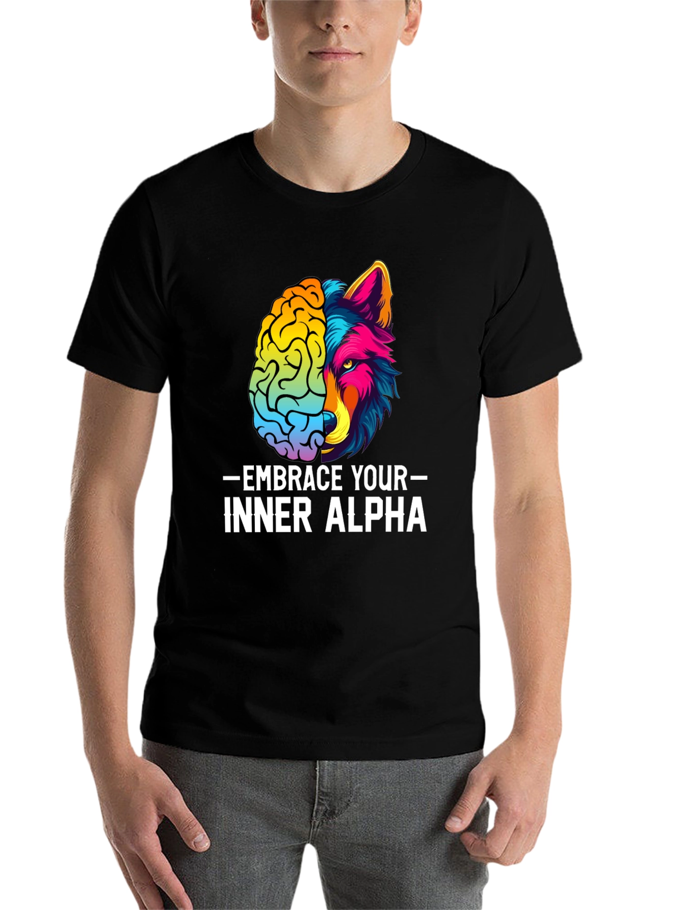 Black Embrace Your Inner Alpha T-Shirt - Brain & Wolf Design view 7