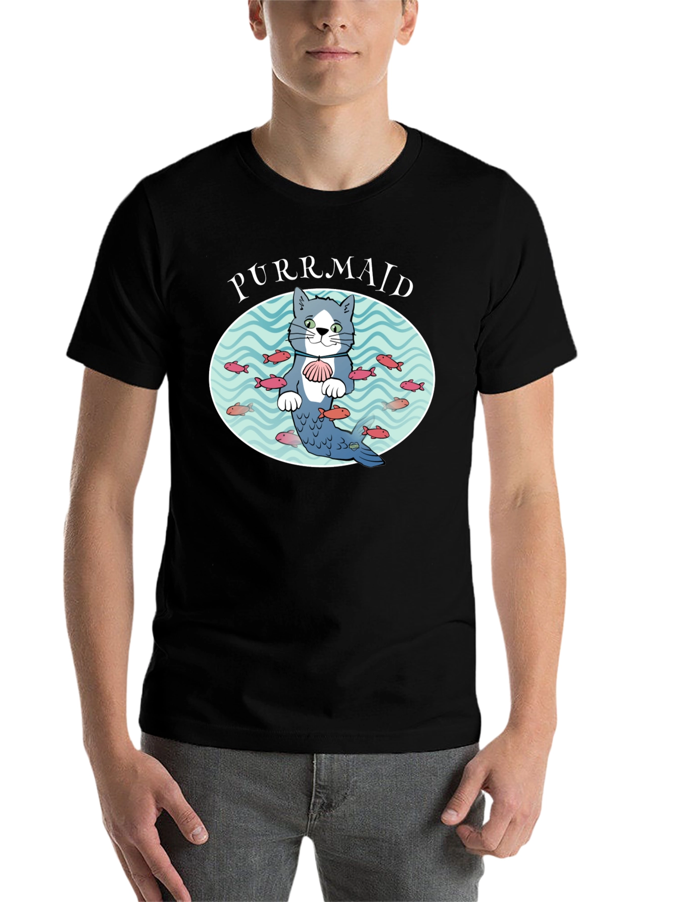 Black Purrmaid Cat Graphic T-Shirt - Unisex Cotton Tee view 7