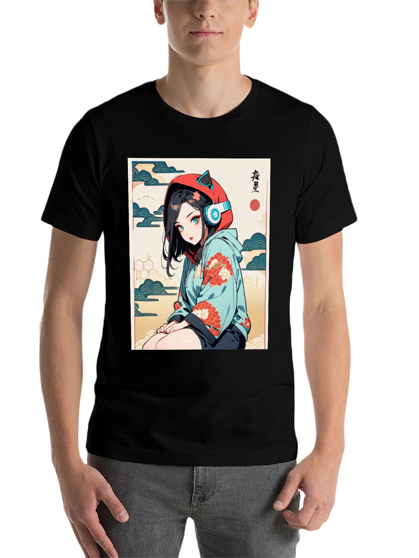Black Anime Girl Ukiyo-e Style Graphic Tee view 7