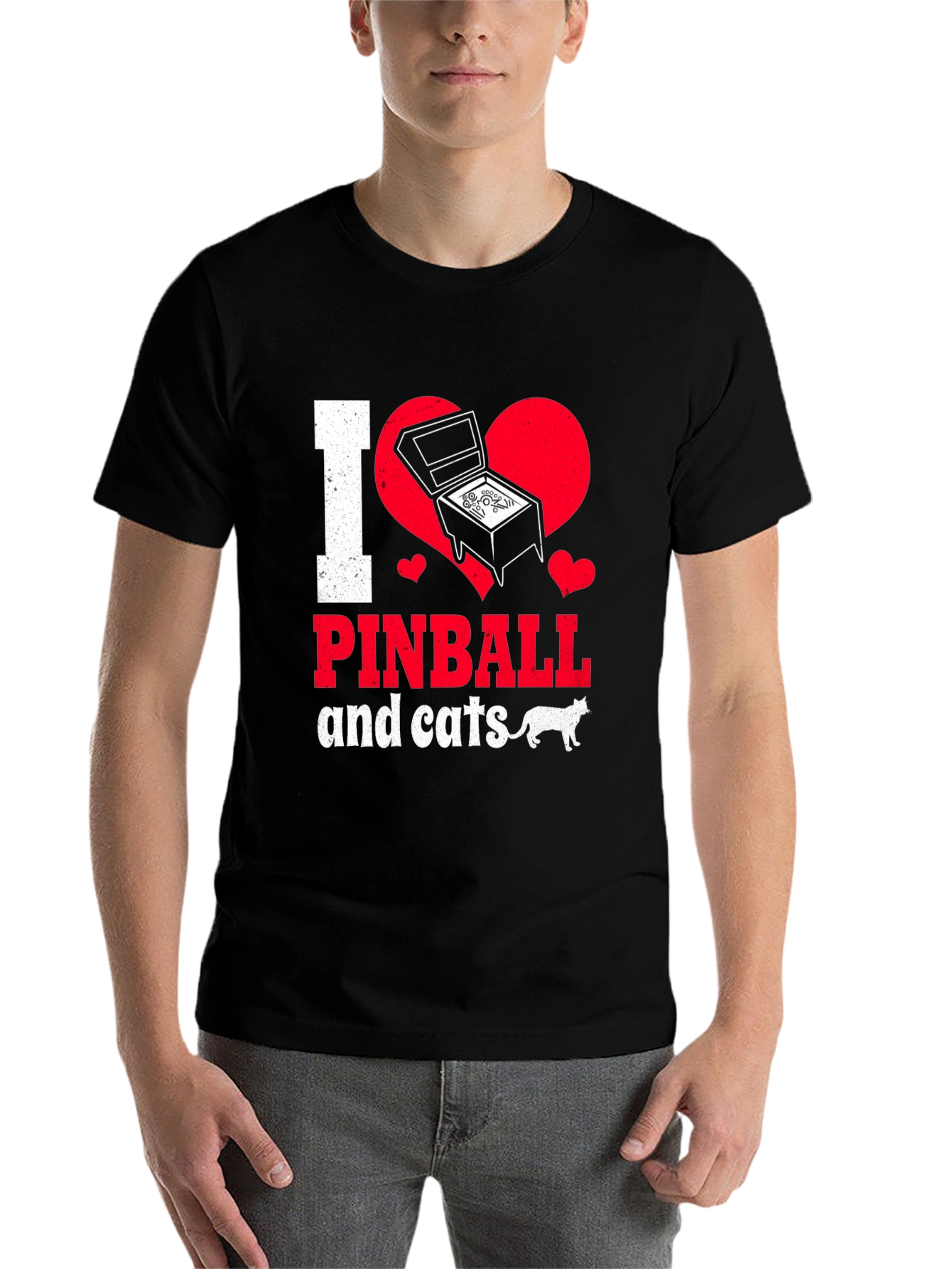 Black I Love Pinball and Cats Graphic T-Shirt view 7