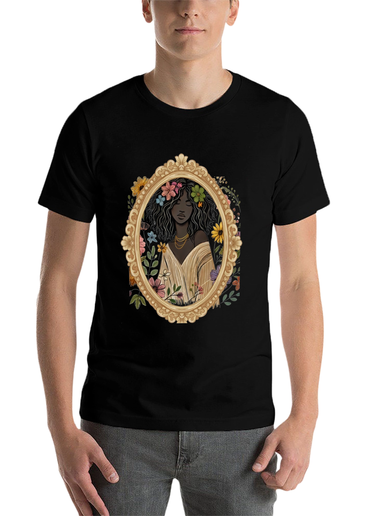 Black Floral Portrait Graphic Tee - Black Unisex T-Shirt view 7