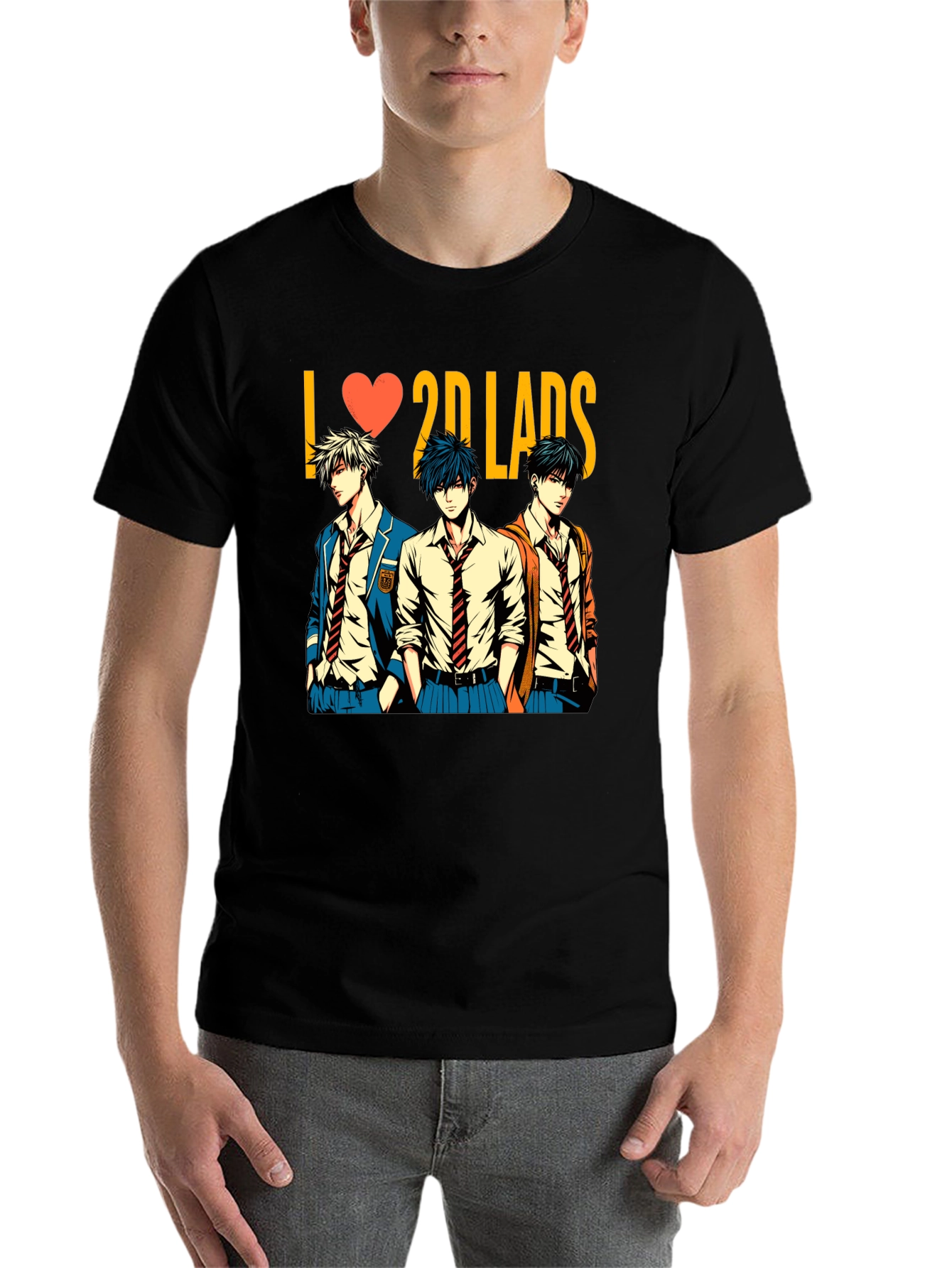 Black I Love 2D Lads Anime Graphic Tee - Black view 7