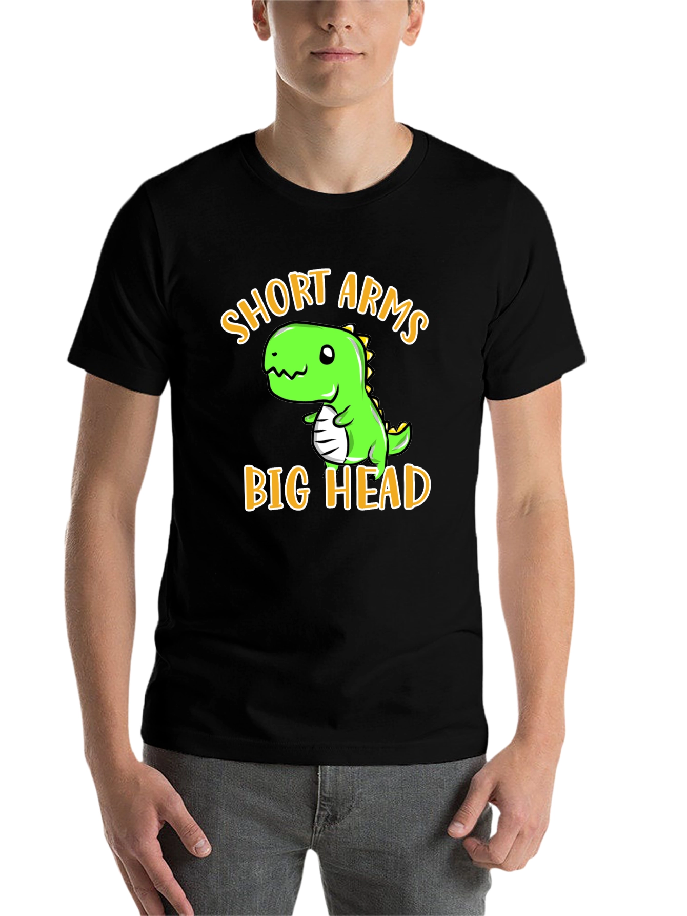 Black Short Arms Big Head T-Shirt - Funny Dino Tee view 7