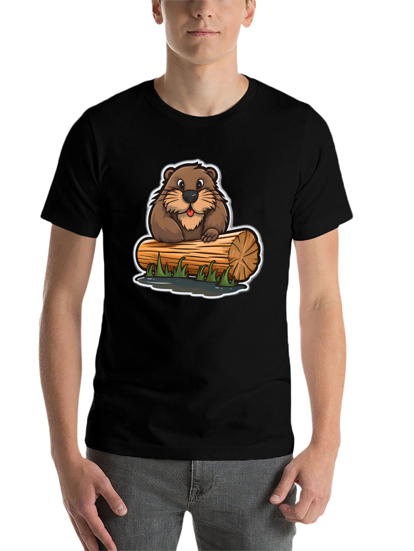 Black Cartoon Beaver on Log T-Shirt view 7