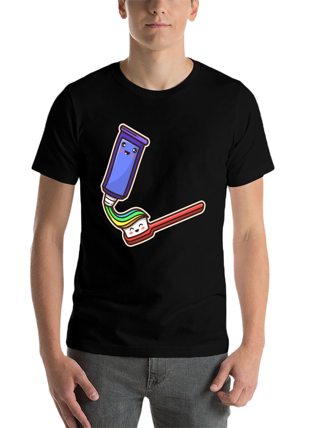 Black Cute Cartoon Toothpaste & Brush Black Tee view 7