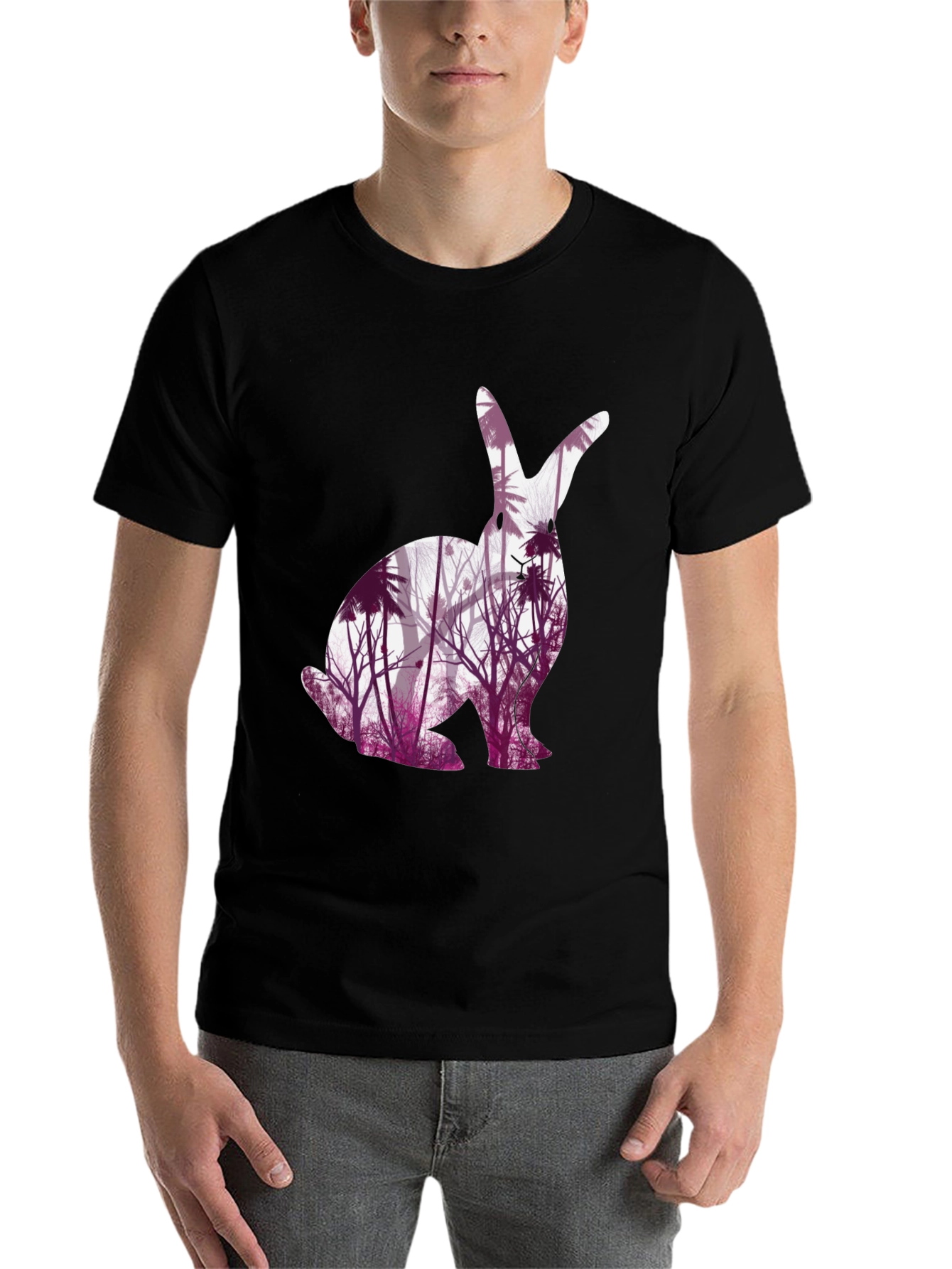 Black Nature-Inspired Rabbit Graphic Tee view 7