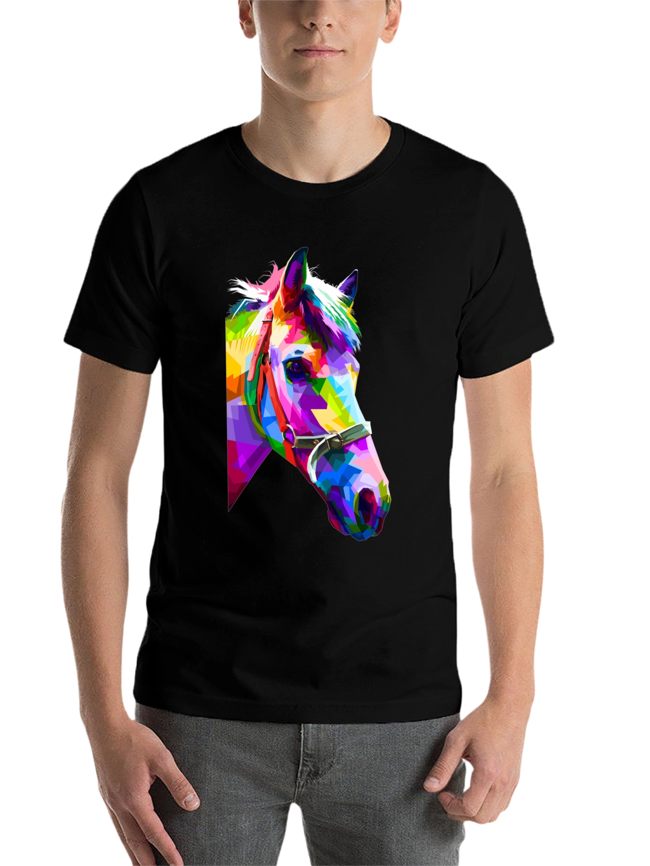 Black Geometric Horse Tee - Colorful Animal Art T-Shirt view 7