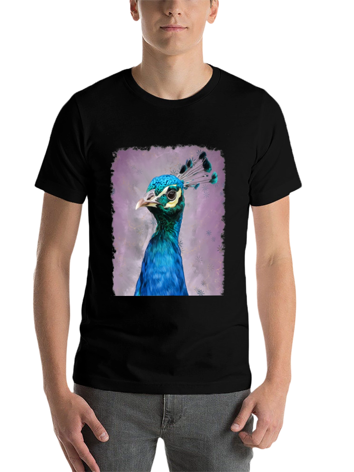 Black Peacock Portrait Graphic Tee - Black Cotton T-Shirt view 7