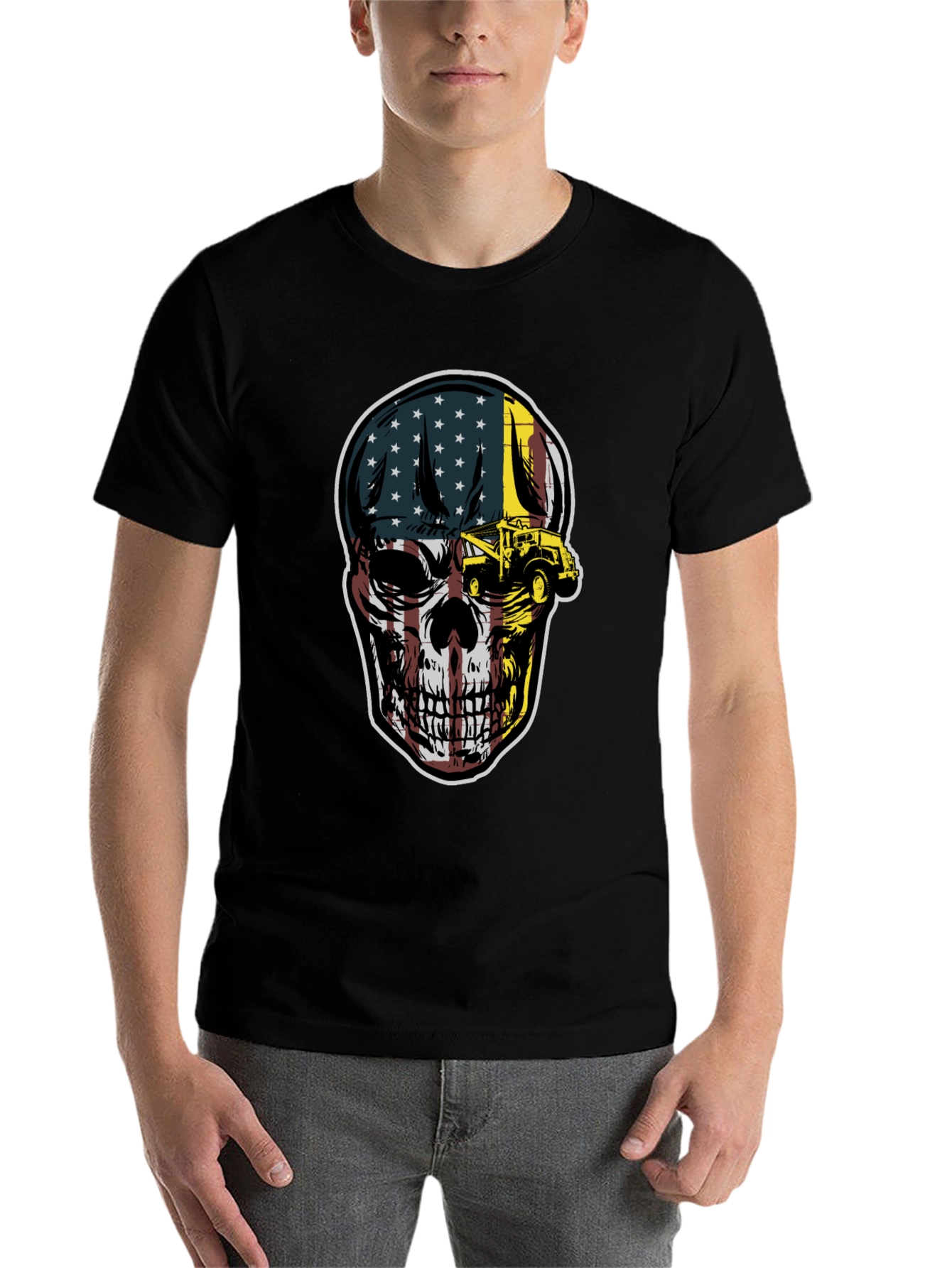 Black American Flag Skull Tow Truck T-Shirt view 7