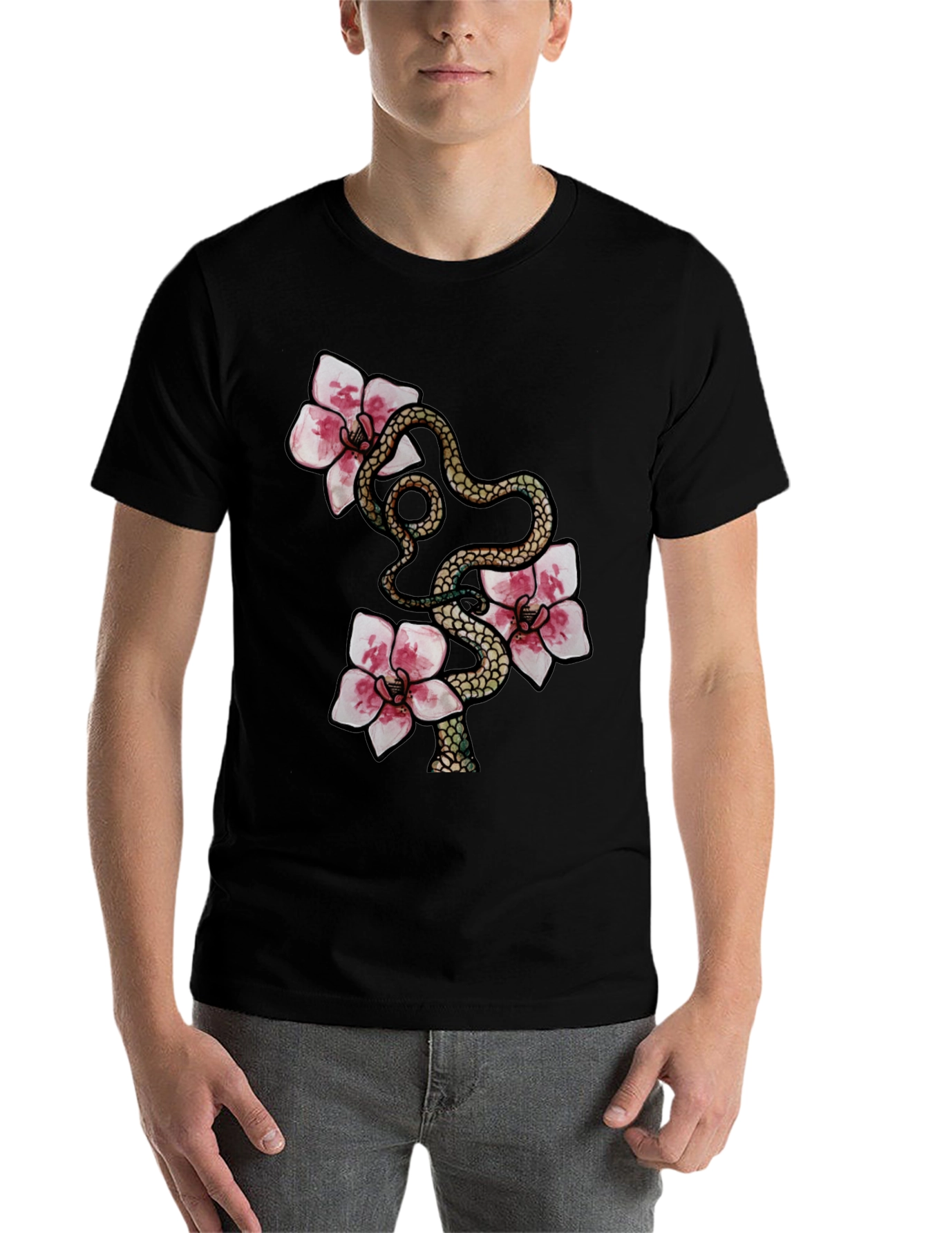 Black Snake & Flowers Graphic Tee view 7