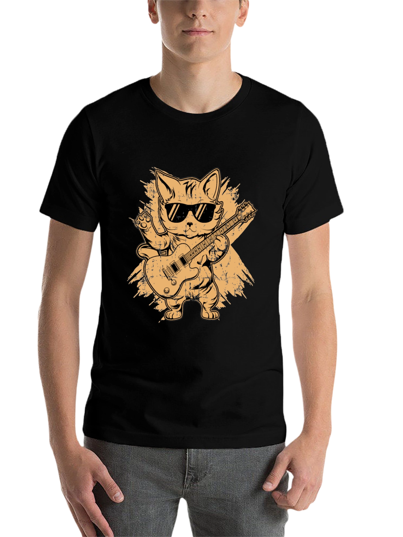 Black Cool Cat Guitarist Graphic T-Shirt view 7