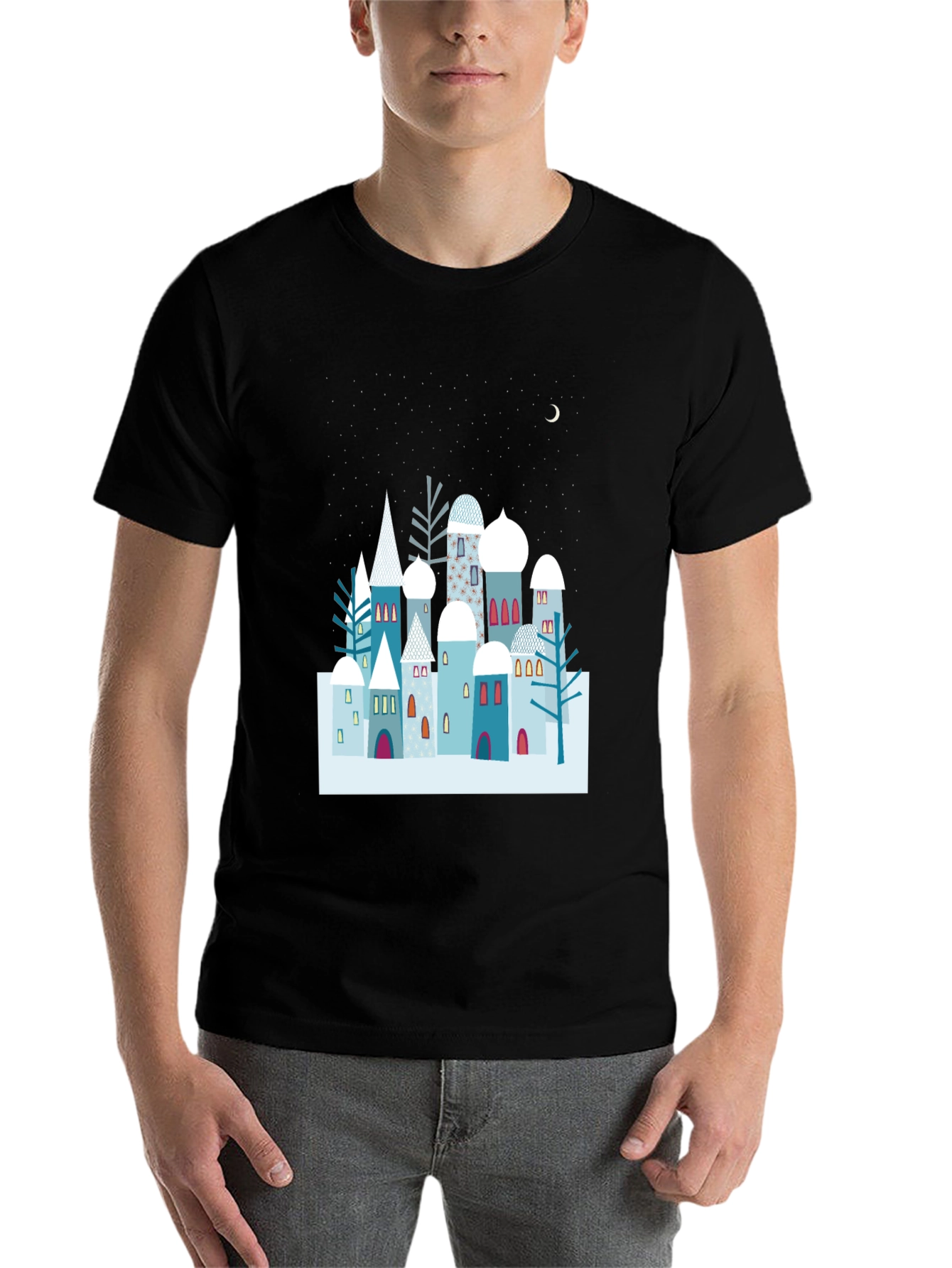 Black Winter Village Graphic Tee - Unique Design, Soft Cotton view 7