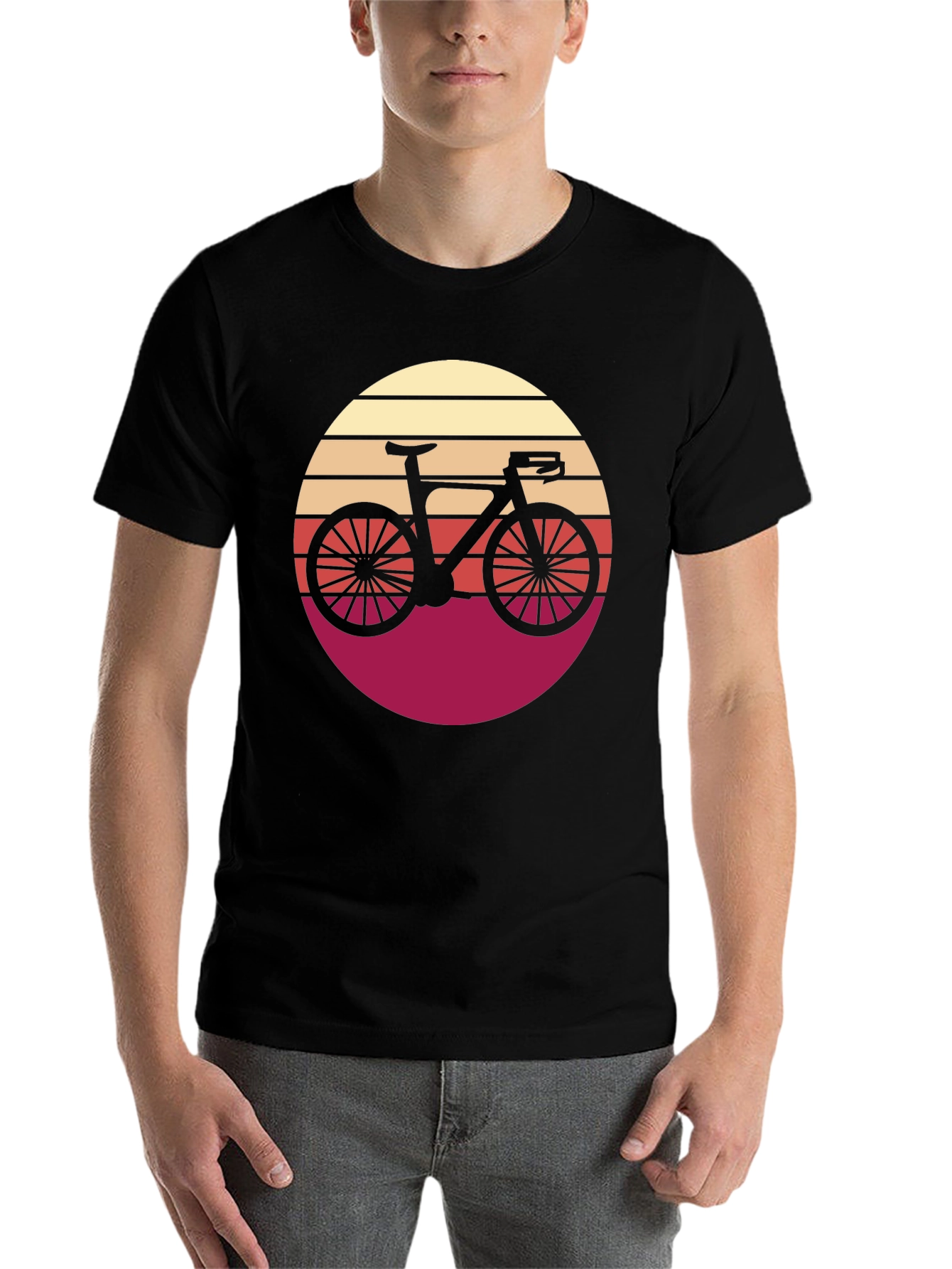 Black Retro Bicycle Sunset Graphic Tee - Black Cotton T-Shirt view 7