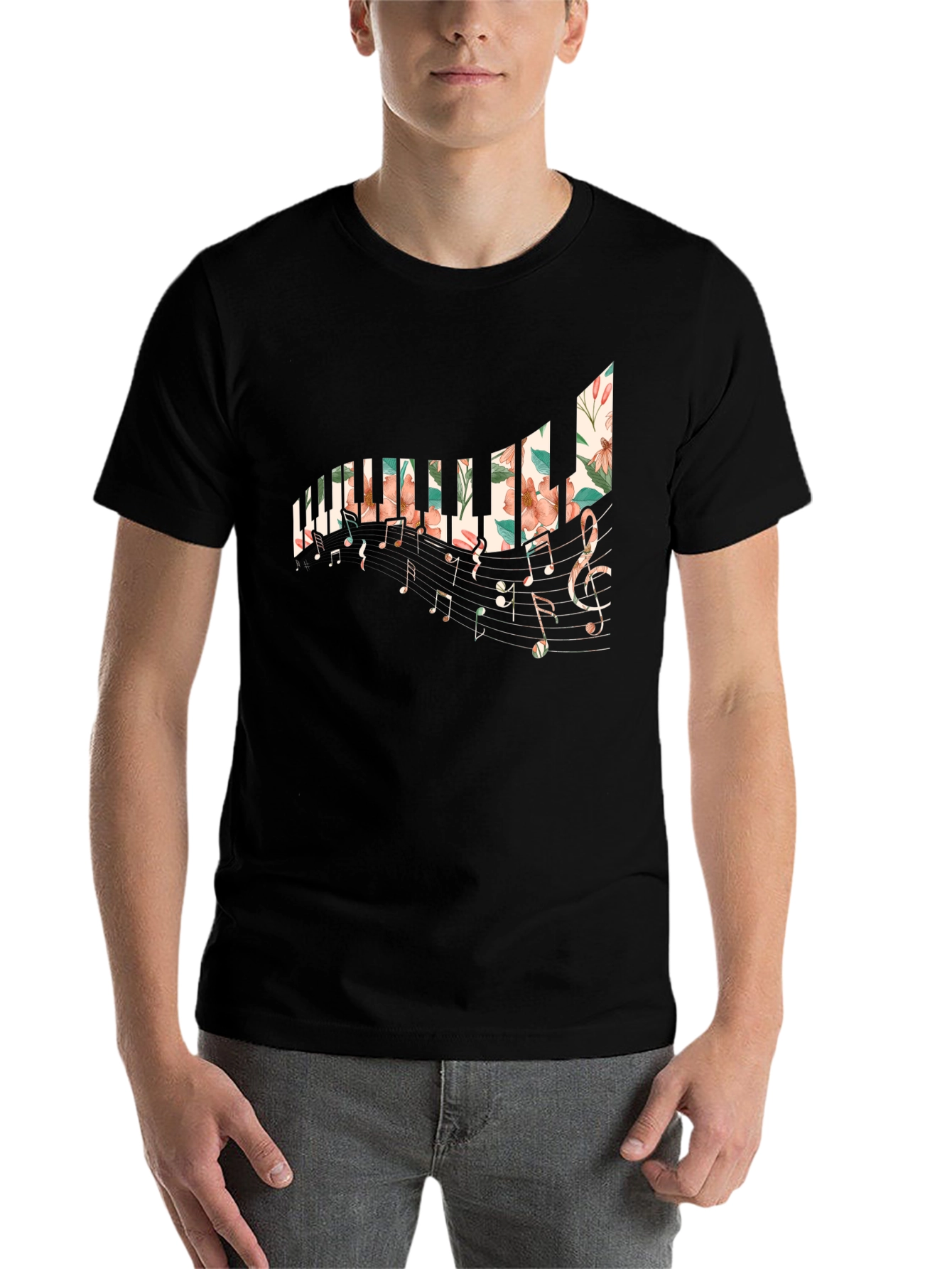 Black Floral Piano Keys T-Shirt view 7