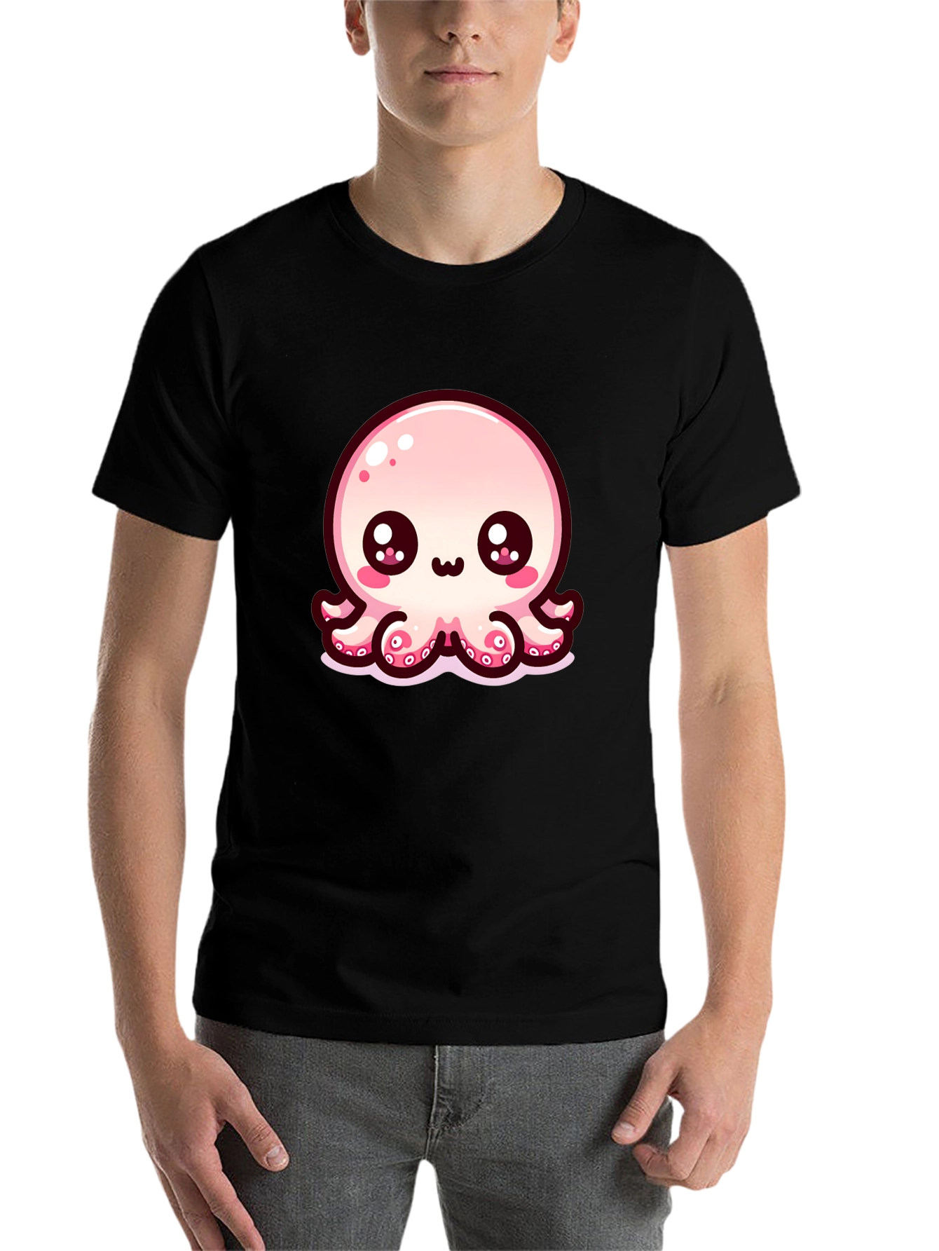 Black Cute Cartoon Octopus Black T-Shirt view 7