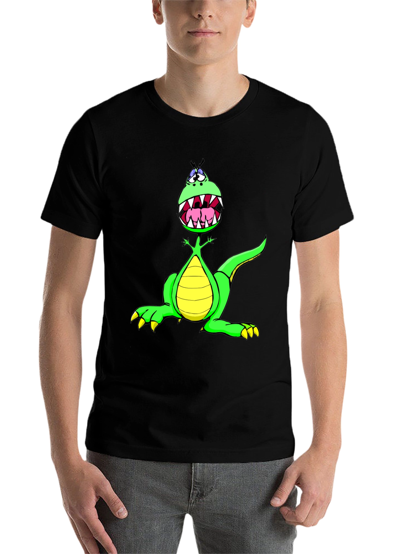 Black Cartoon Dinosaur Graphic Tee - Funny T-Shirt view 7
