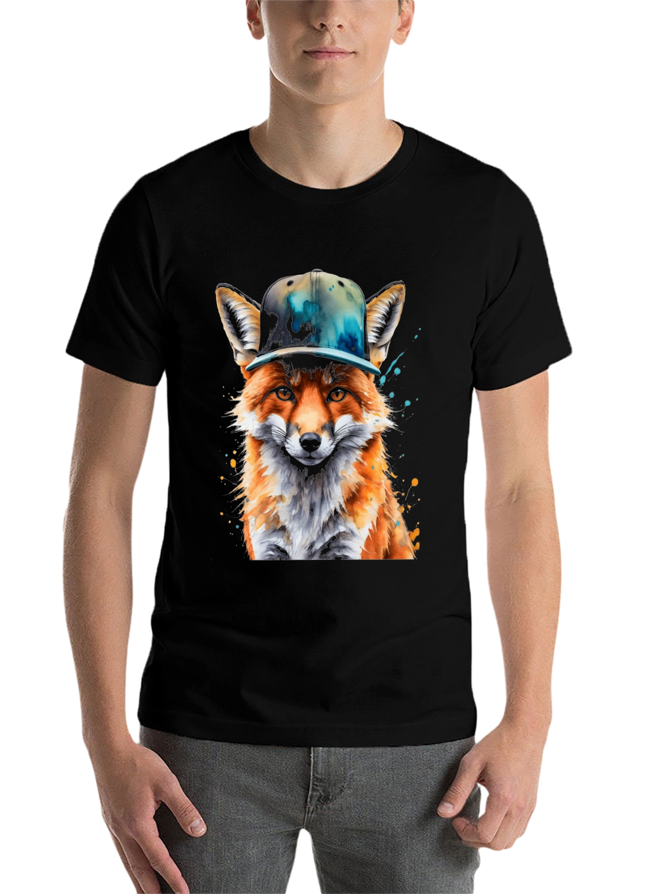 Black Fox with Hat Graphic T-Shirt - Cool Urban Style view 7