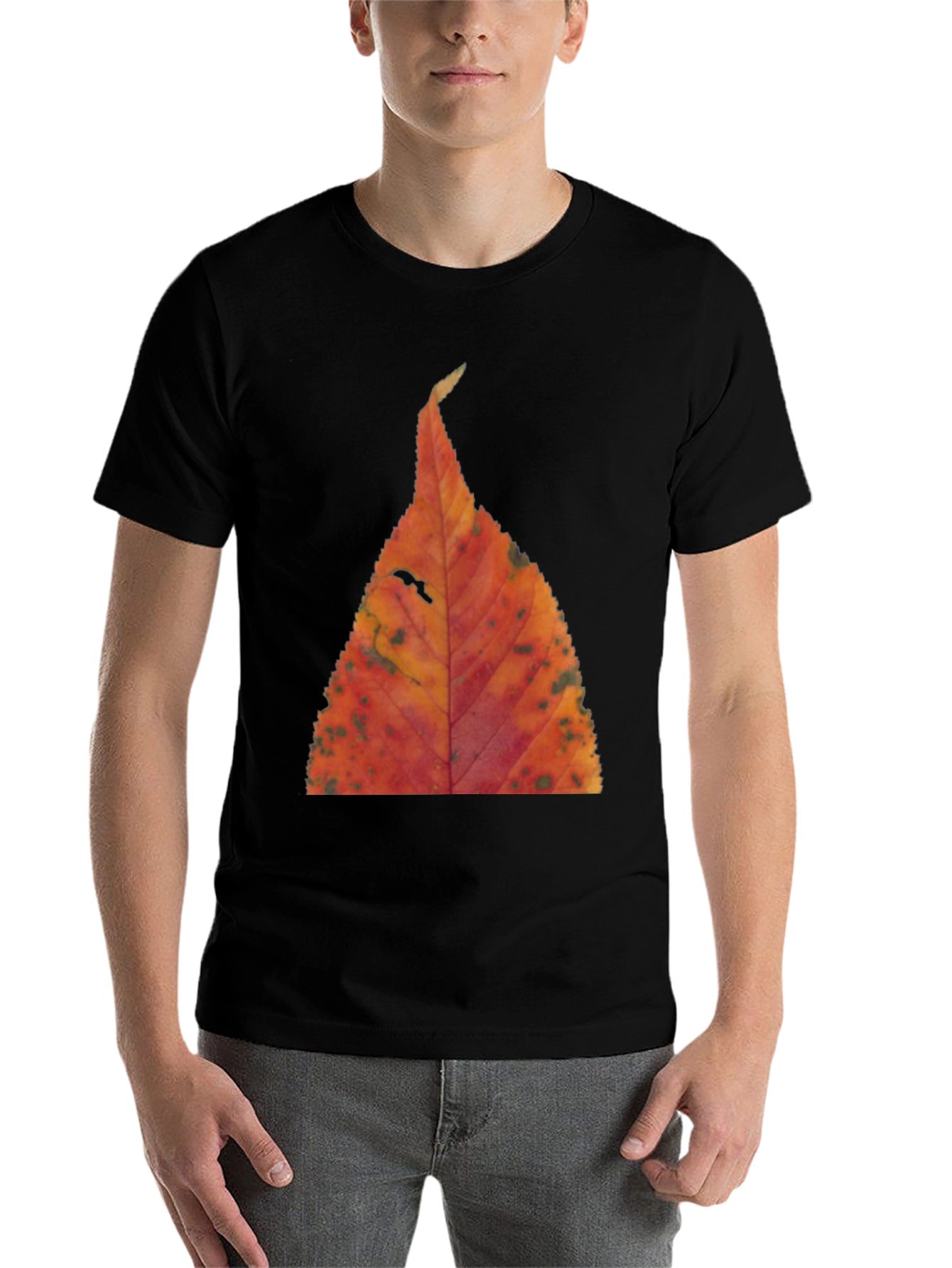 Black Fall Leaf Print Black T-Shirt view 7