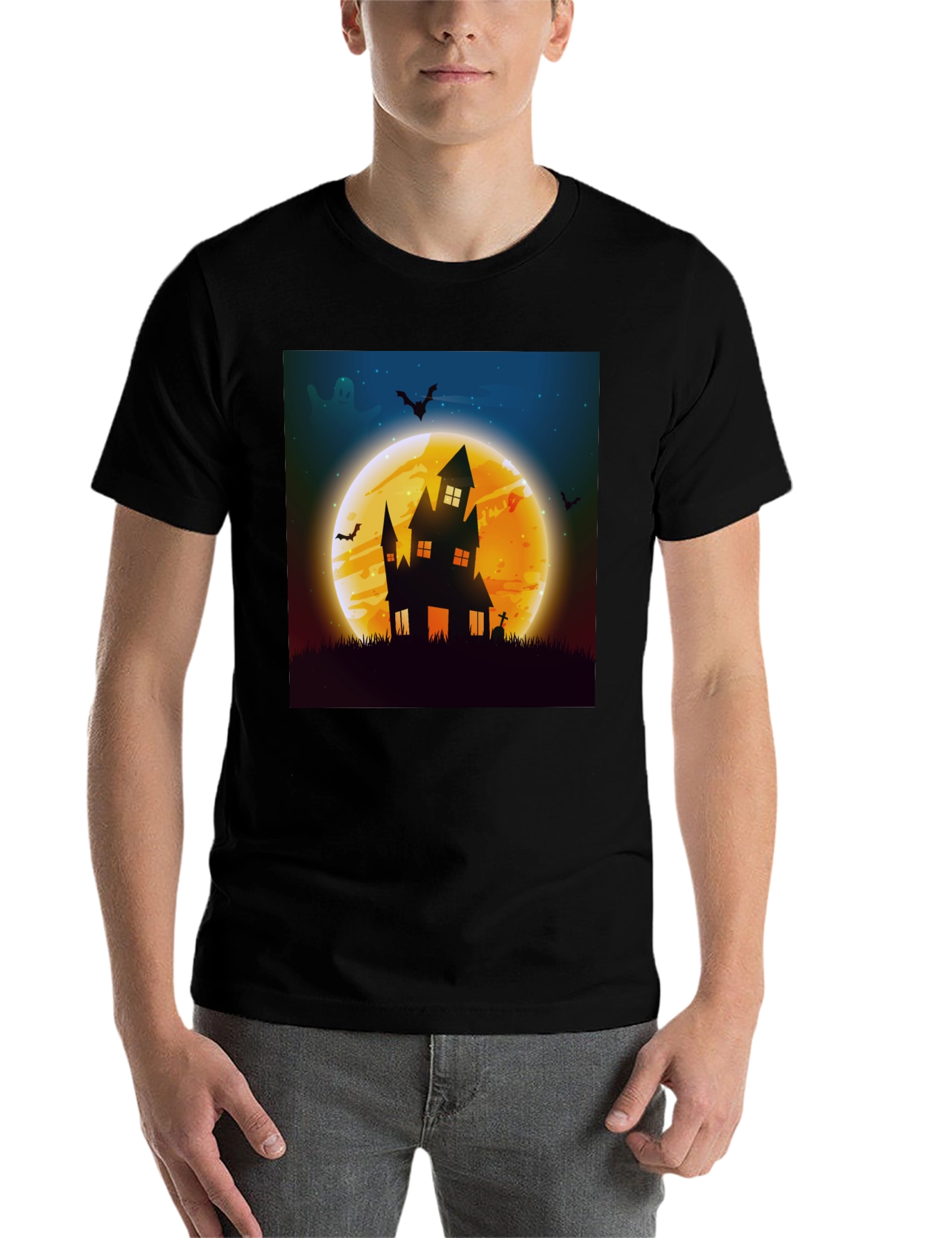 Black Spooky Halloween Haunted House Graphic Tee view 7