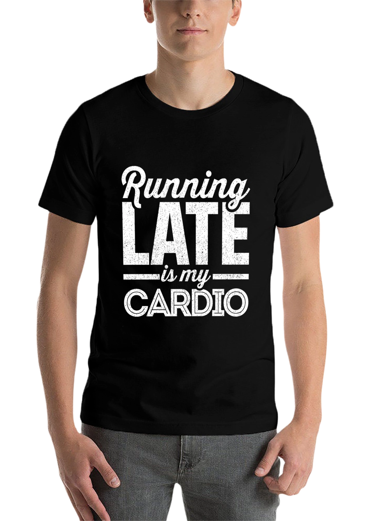 Black Funny Running Late Is My Cardio Graphic T-Shirt view 7