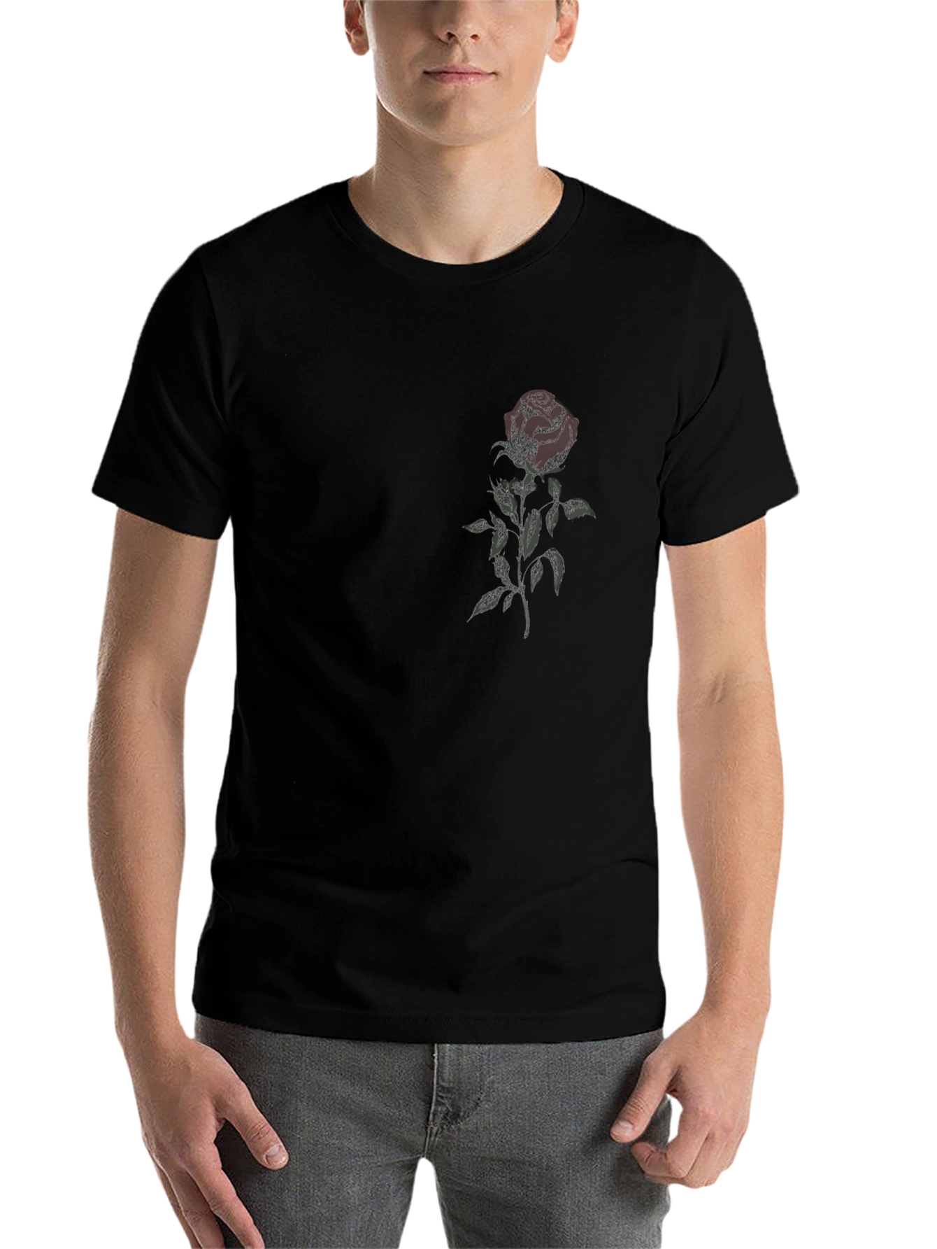 Black Elegant Rose Graphic Tee - Black Cotton Blend view 7
