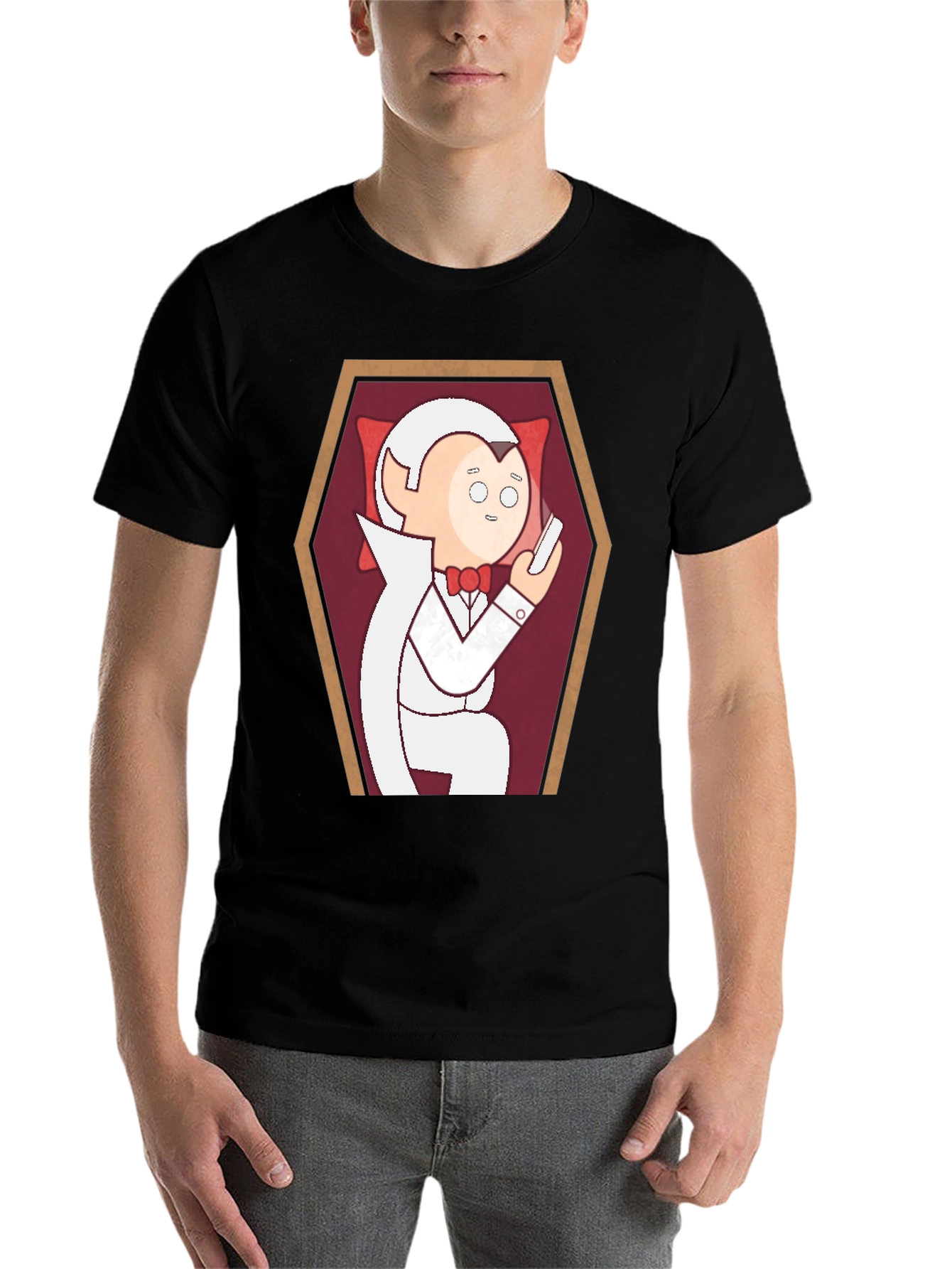 Black Funny Cartoon Vampire in Coffin Graphic T-Shirt view 7