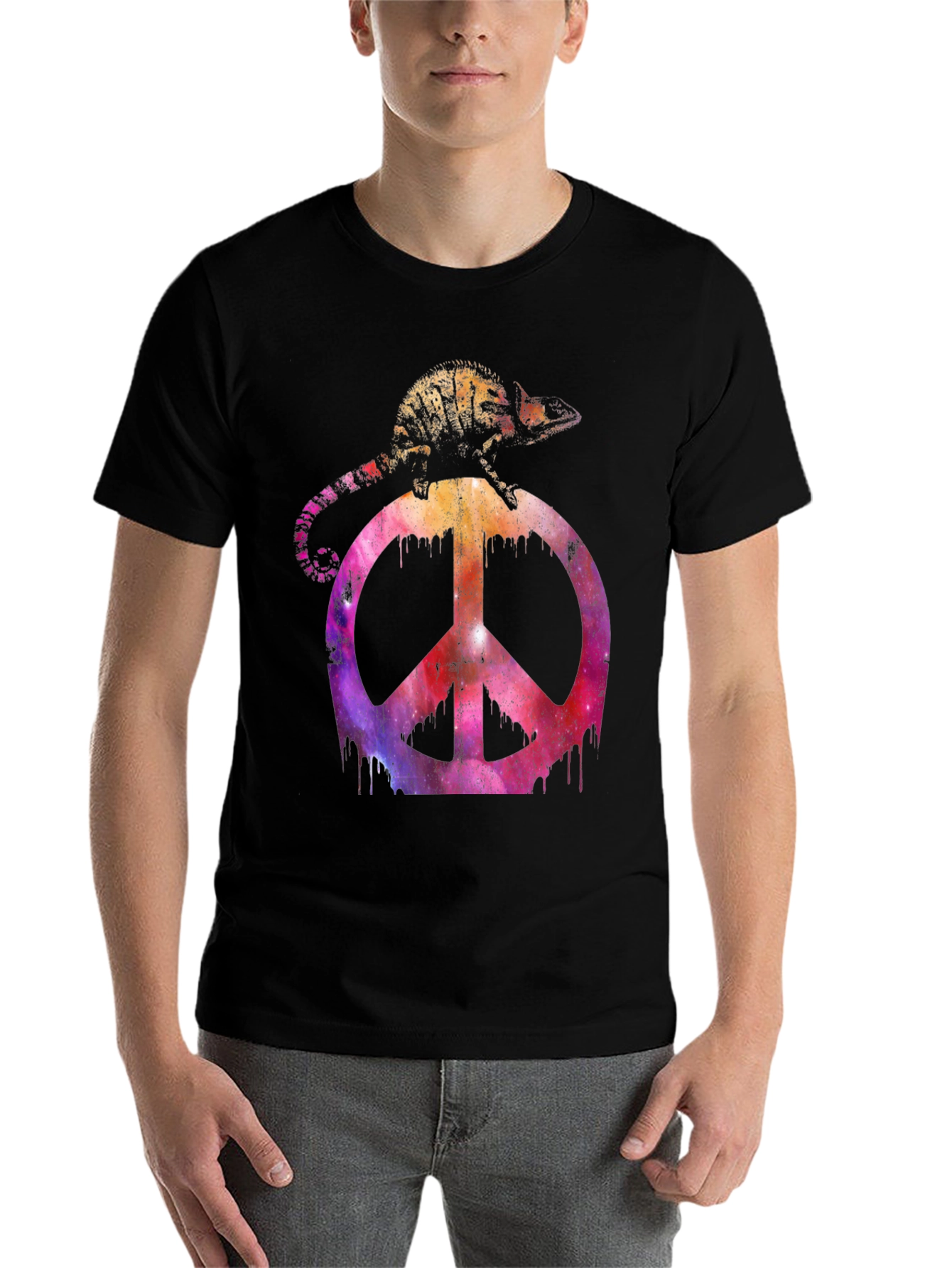 Black Chameleon Peace Sign Graphic T-Shirt view 7