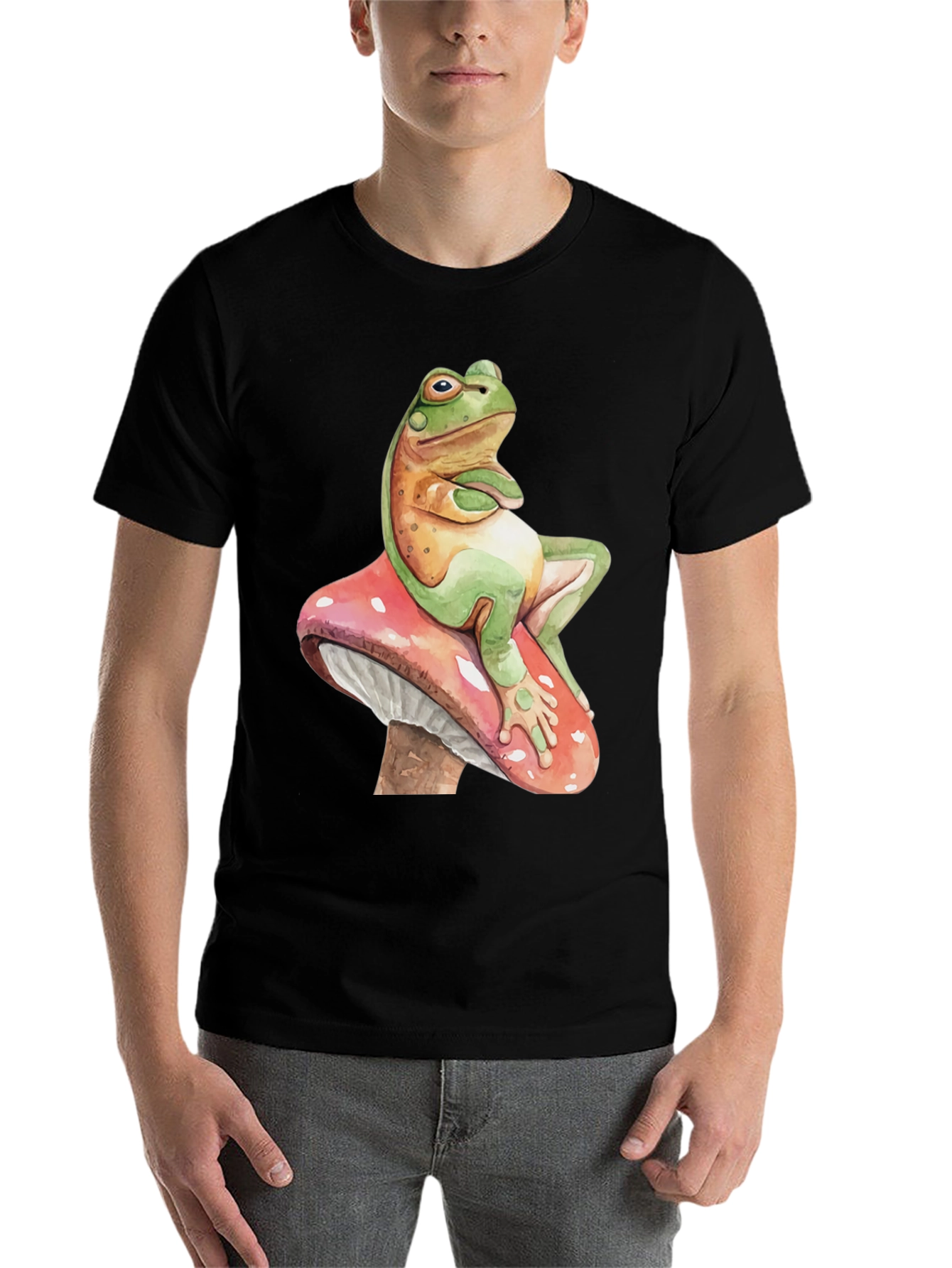 Black Frog on Mushroom T-Shirt - Relaxed Funny Graphic Tee view 7