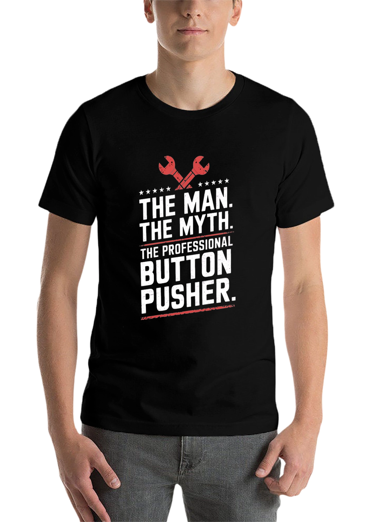 Black The Man The Myth Button Pusher T-Shirt view 7