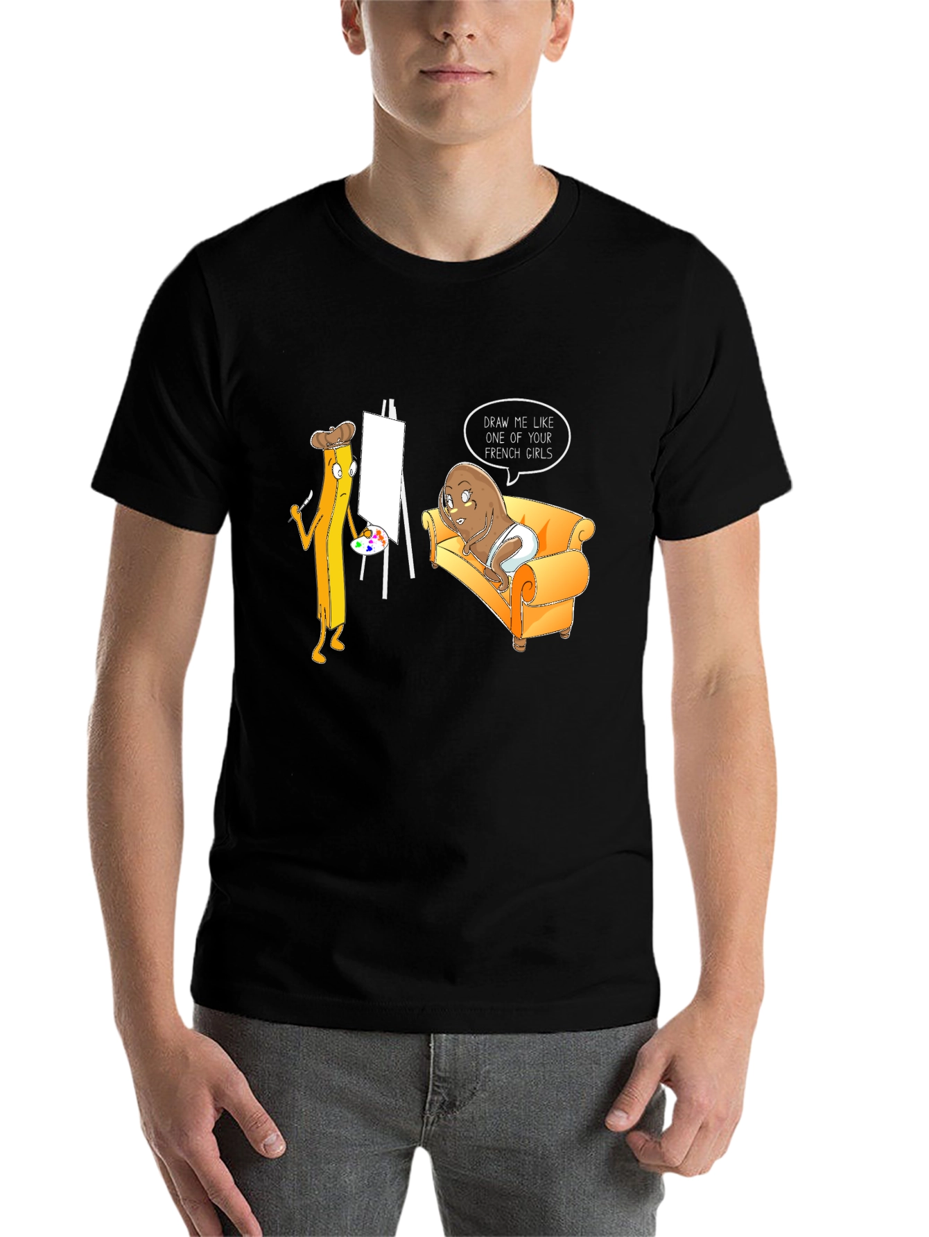 Black Funny Potato and Fries Art T-Shirt view 7