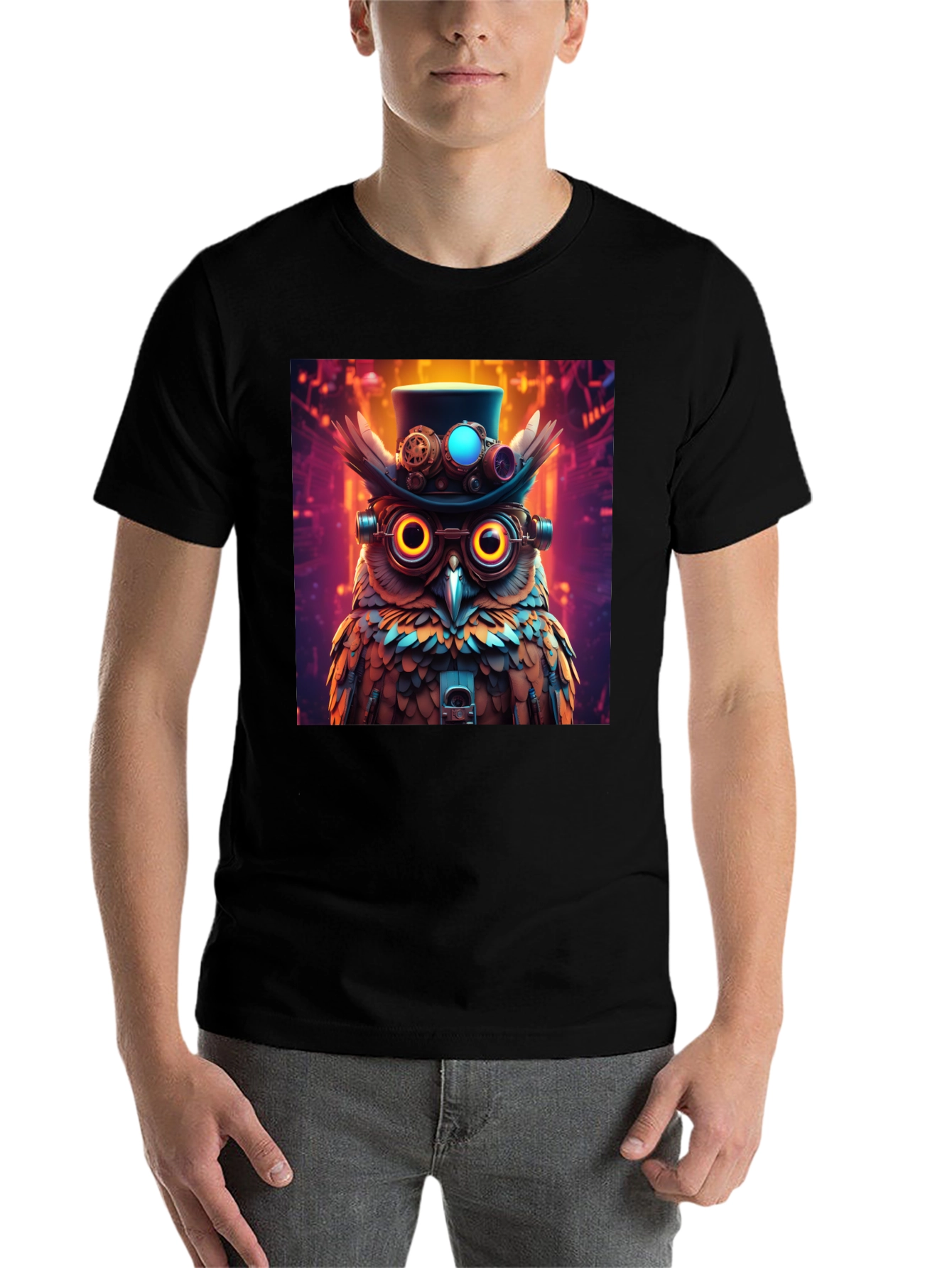 Black Steampunk Owl T-Shirt - Unique Graphic Tee view 7