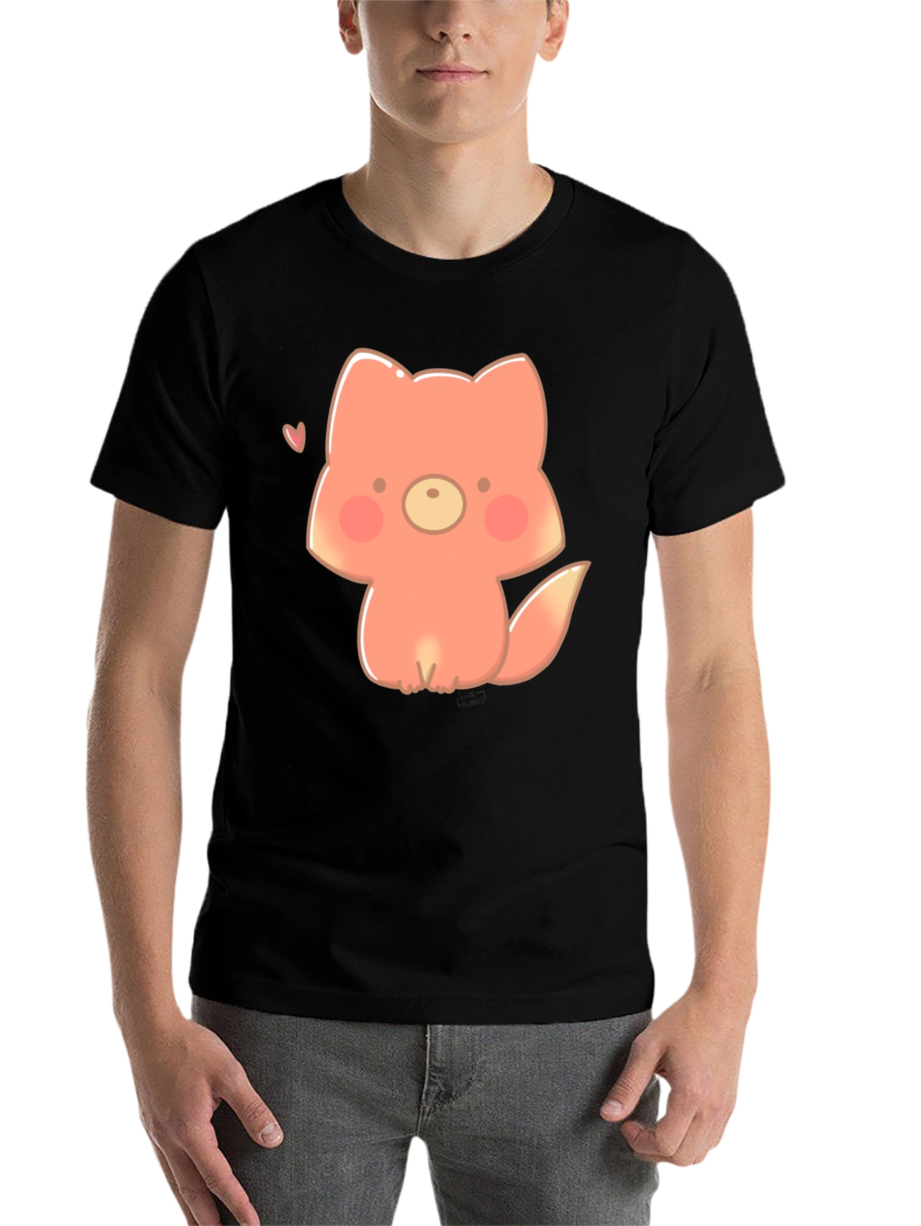 Black Cute Cartoon Fox Black T-Shirt view 7