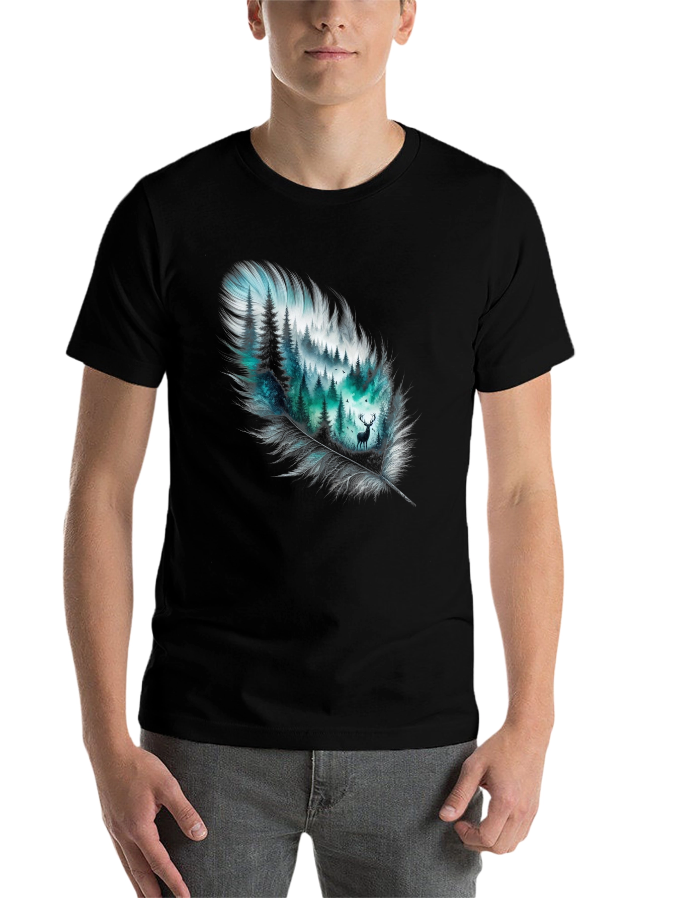 Black Feather Forest Graphic Tee - Nature Inspired Design view 7