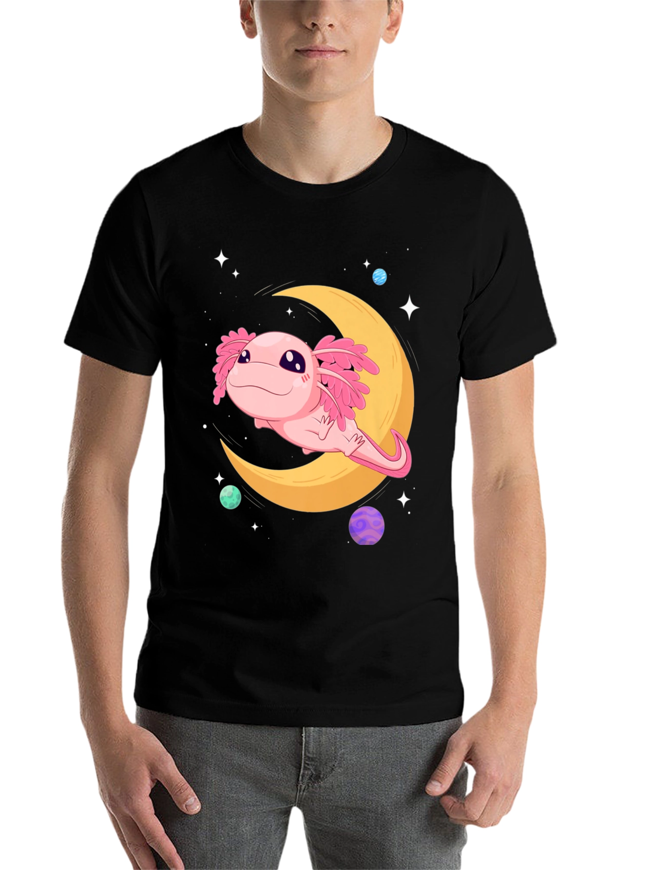 Black Axolotl Moon T-Shirt - Cute Space Design view 7